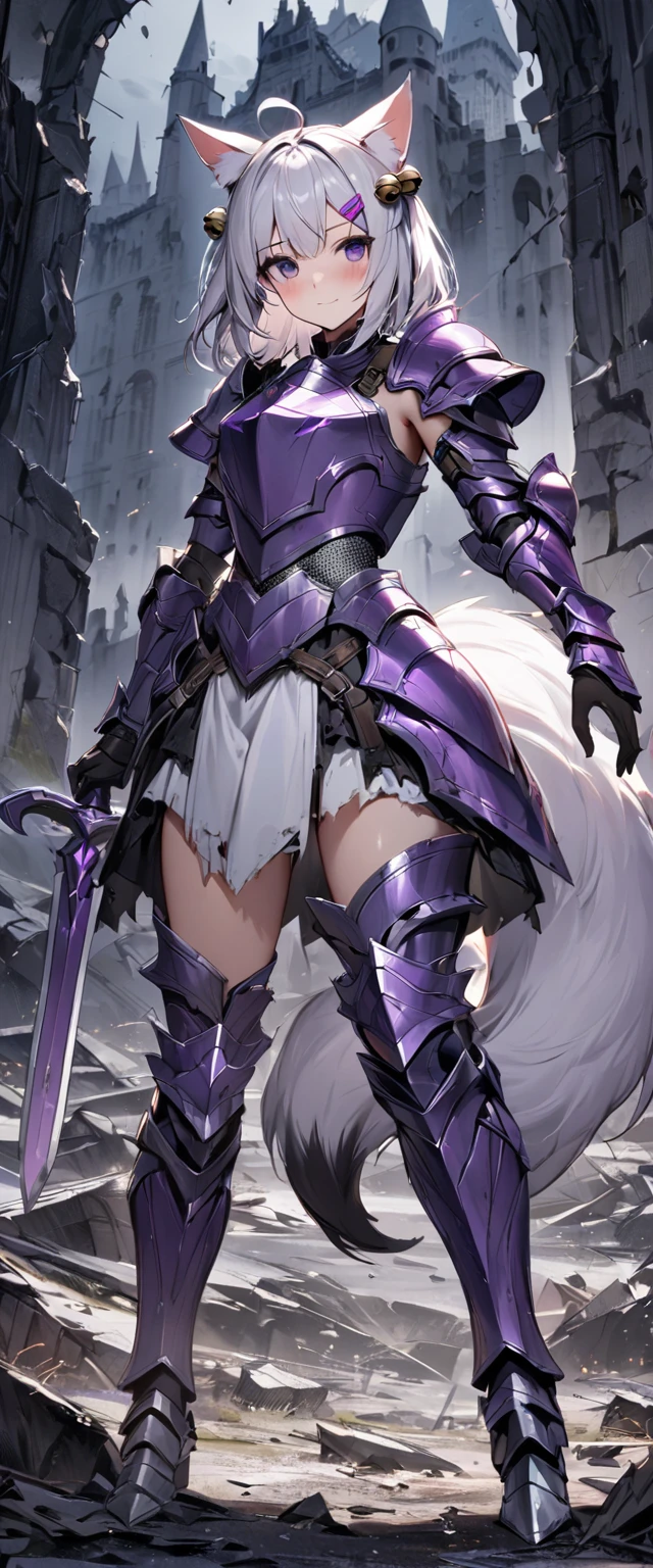 UHD, masterpiece, best quality, extremely detailed, anatomically correct, sharp focus, midnight, gloomy atmosphere, frontal light, soft light, diffused light, shade, no shadow, ((battlefield)), abandoned castle, broken castle, broken walls, broken floors, broken windows, broke glass, 1girl, solo, Filian, fox tail, small cat ears, white hair, short hair, shoulder length hair, ahoge, ( purple hairclip:1.5), (hair bell:1,3), hair ornament, hair bell, big eyes, deep violet eyes, blush, closed mouth, slight smile, white knight's armor, metal breastplate, metal gauntlet, slim arms, hands wielding purple crystal sword, sword and shield, armored skirt, (chainmail chausses), slim legs, leg armor, metal greaves, armored boots, full body shot, full body pose, Eye-Level Shot, front view, full body pose,