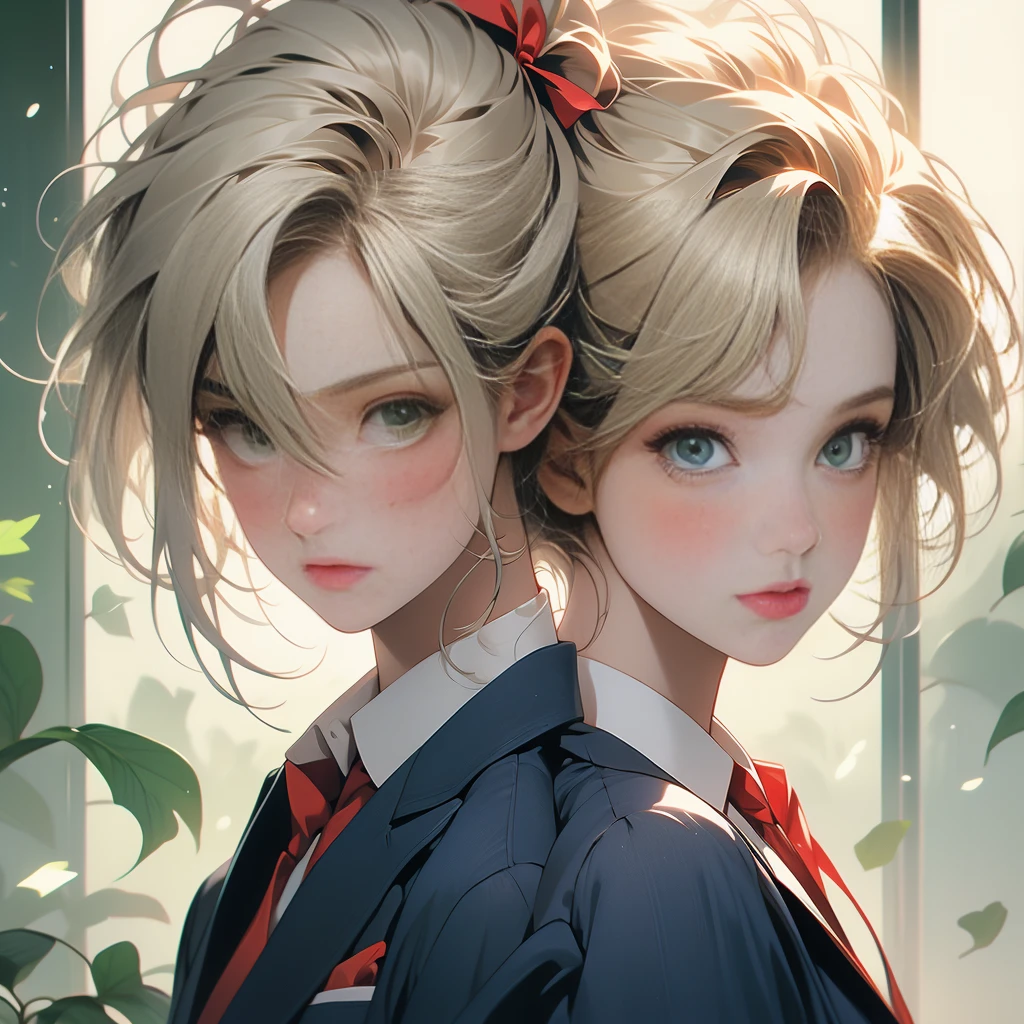 girl,blonde,Straight cut bangs,Hair tied in a low ponytail,Straight hair,break,Green Eyes,Eye size:1.6,break,White blazer with navy blue collar,,break,Red ribbon,Have a textbook or book,A melancholic look,blush,I'Embarrassed and a little angry,Upward glance,( About )The ultimate nude sculpture, (((Very elegant and beautiful, Perfect detail, Very detailed))), whole body, 最も詳細なgirl, Written boundary depth, 美しく詳細なwhole body, Thin legs, girl1人, 23 years old, Short Hair, Spiked Hair, Gray and silver hair, Beautiful detailed hair, Perfect Face, Expressionless, Beautiful, detailed, deep eyes, Please open your mouth a little, Delicate arms and hands, Pale skin, Earrings, Beautiful and gorgeous necklace, Colorful background, HD background, Blurred Background, Very delicate and beautiful, masterpiece, (((Highest quality, Very beautiful 8K CG wallpaper))), (((Trendy hairstyles))), (Inside the room,Stylish interior,window),Lying on the bed, facing forward and looking at me