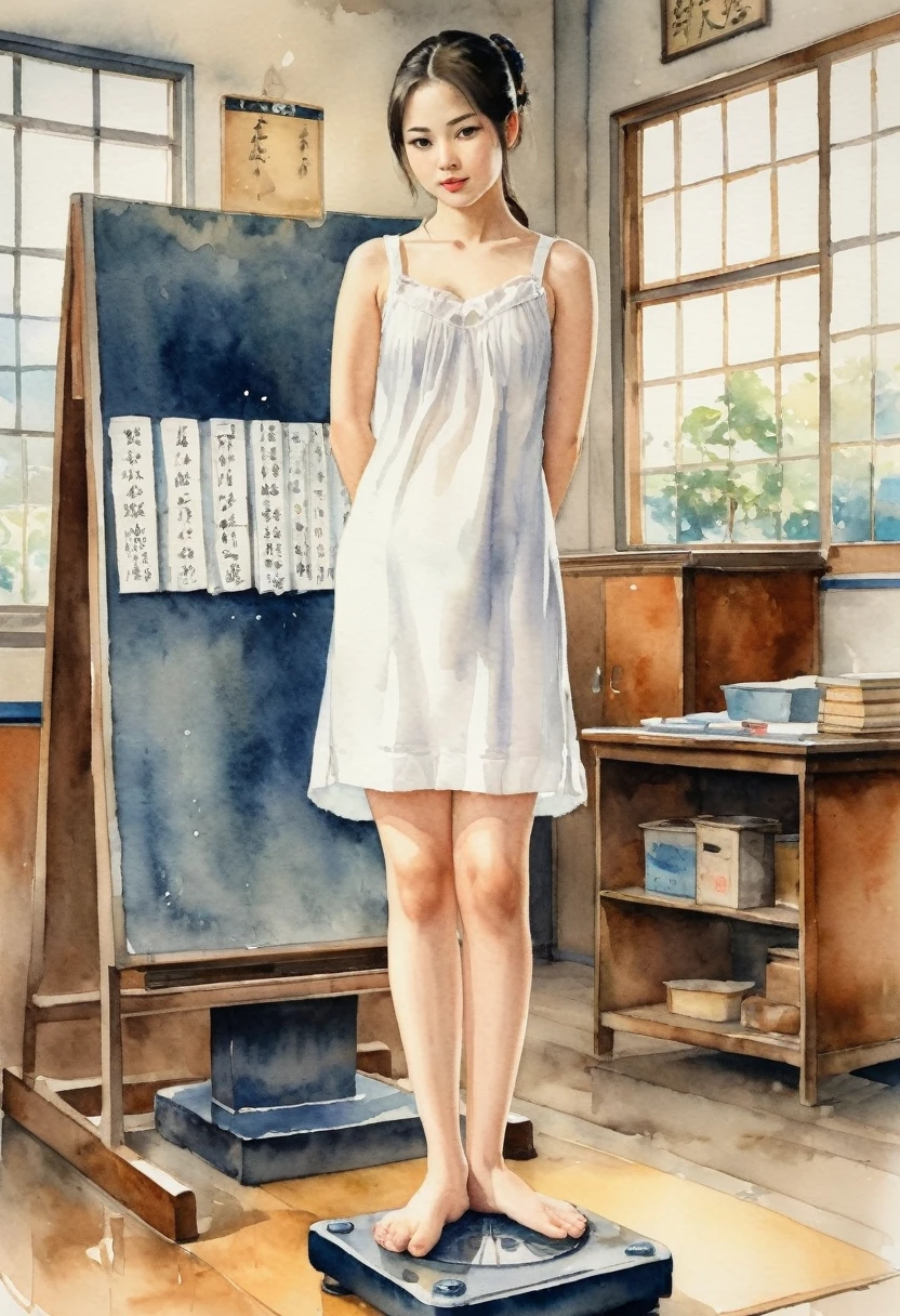 Japanese watercolor painting, 1girl in knee length white chemise, standing on weight scale, in classroom, 