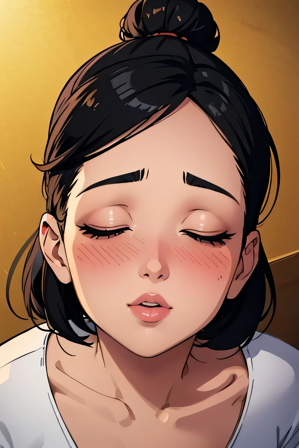 Sexy woman, black hair tied in a bun, smokey eyes, eyeliner, blushing intensely, fairest skin, plump face, soft lips, gold blouse, pinned against a wall