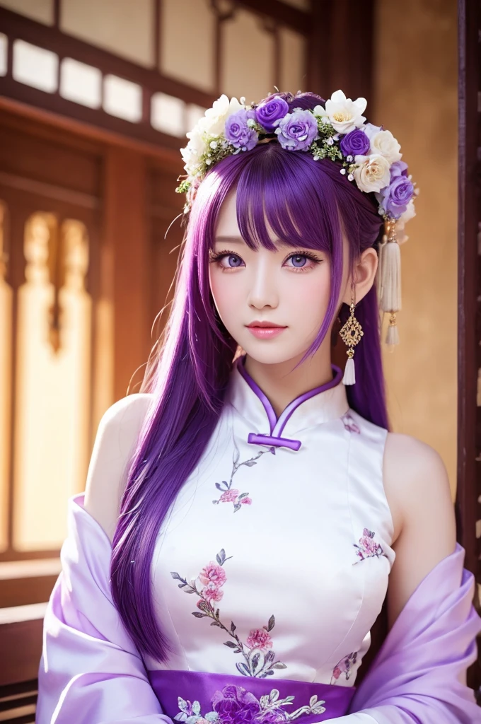 Beautiful white woman, purple hair, purple eyes, long hair, Chinese dress, flower decoration on head