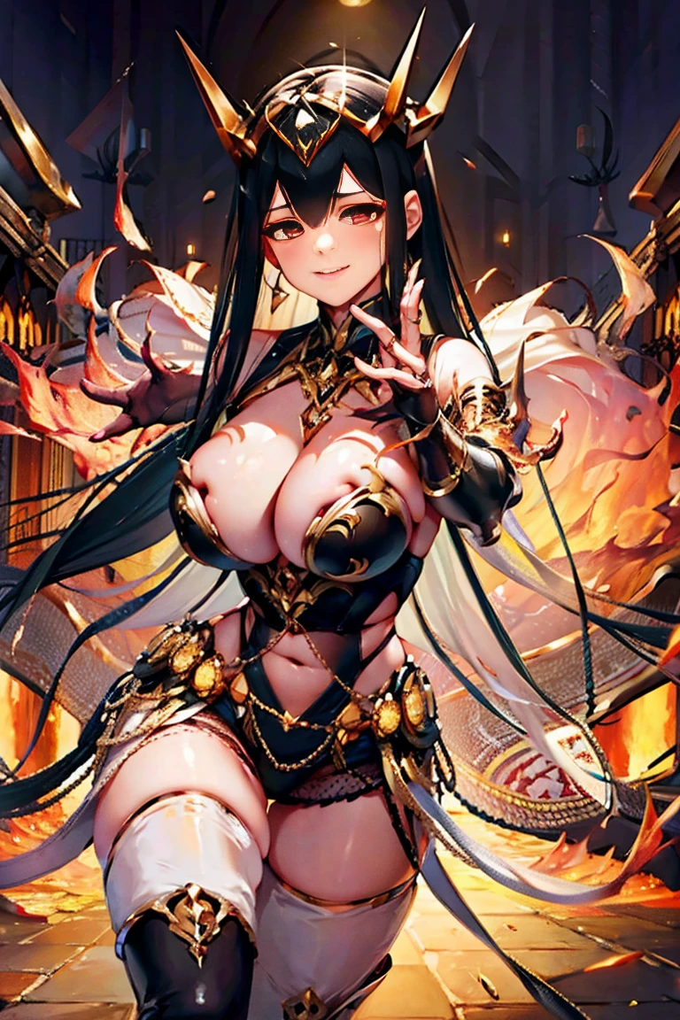 tiara, red eyes, long hair, hair between eyes, ?????????????, cleavage, dress, cleavage cutout, ???? thighs, high-leg,  perfect hands, perfect fingers, elbow gloves, ???? shoulders, fearless face, 5 finger, 4 finger and 1 thumb, showgirl skirt, adult face, super detailed hands and fingers, deep detailed hands and fingers, extremely ultra detailed beautiful hands and fingers, accurate hands and fingers, ultra high res, cg unity 8k wallpaper, absurdres, both arms, two arms, 