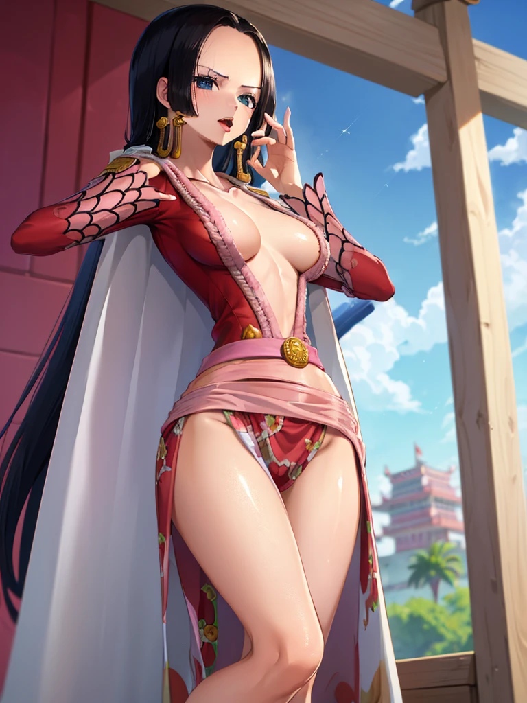 ((work of art)), ((highest quallity)), (very detailledな), ((cute)), cute, (kind), ((sexly)), (Device), ((very detailled)), 4K, (8k), highest quallity, (comely), anime styling, genuineistic, genuine, dynamic angle, looking from bottom to top, whole body concentration, on the train, giorno, a cute girl, ((Hancock 1, a girl, Boa Hancock, aretes, breasts big, neckleace, long hair, dragonas, cape, top cut, longsleeve, side slits)), breasts big, ((panties pink)), a light smile, Ablaze, Glow Up