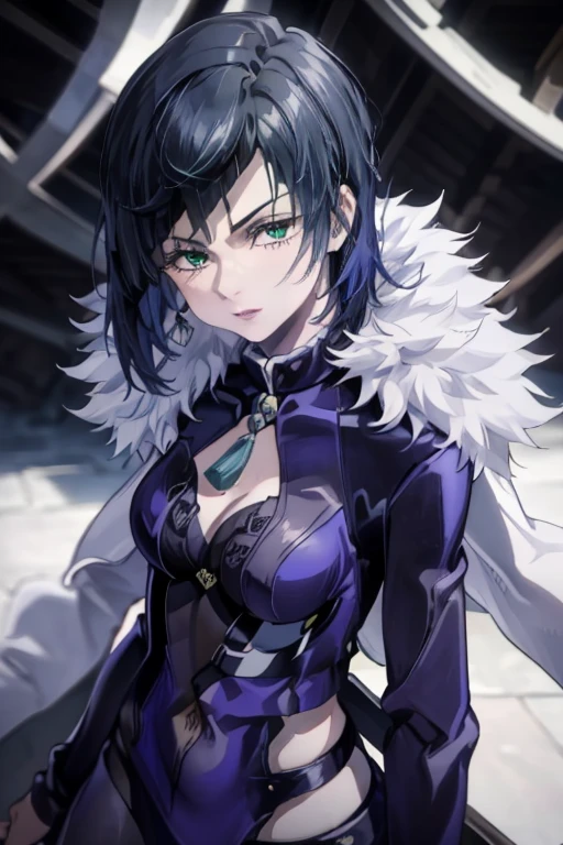 Crée une illustration d’un personnage féminin avec les cheveux longs, noirs et soyeux, coiffés en une frange élégante. Elle doit avoir des yeux dorés perçants avec une expression calme mais intense. Sa tenue doit être un mélange de sophistication , regard severe , alliant des éléments comme un uniforme structuré et des détails magiques.1 fille, Résolution Haute, Sourire, Chapeau de Sorcière, Qualité Meilleure, Cheveux Courts, Résolution Haute, Anatomie correcte, Details, Haute qualité, Peau texturée, Cheveux Noirs, Yeux Jaunes, Sourire, Style Animé,