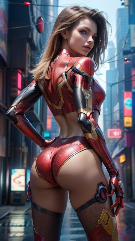 (rear view, backside view),((masterpiece, 8K, 3D, Realistic, Super Detail)), (1girl:1.3), slender 16 age, Ultra Micro photography, Melissa Benoist Super realistic, Perfect face, 16K resolution, 4k resolution, The photo was taken from the Front, facing to the photographer, Foreground photo, dynamic lighting, posing on a pedestal, high-definition resolution, Beautiful features, ((Perfect female Model Slim body)) Beautiful features, Standing pose, ((small hip)), (((2 piece Hotpants-Bikini))), Sci-fi futuristic, ((Iron man armor)) ((bionic Fragmented Super Girl chest armor suit)), ((Exposed slim thighs)), wear mesh metal-stockings, ((slim thighs)), ((bionic Slim thighs Spider man armor)), Front Full body Shot, full body portrait, perfect legs, Iron Man shoes, futuristic city background
