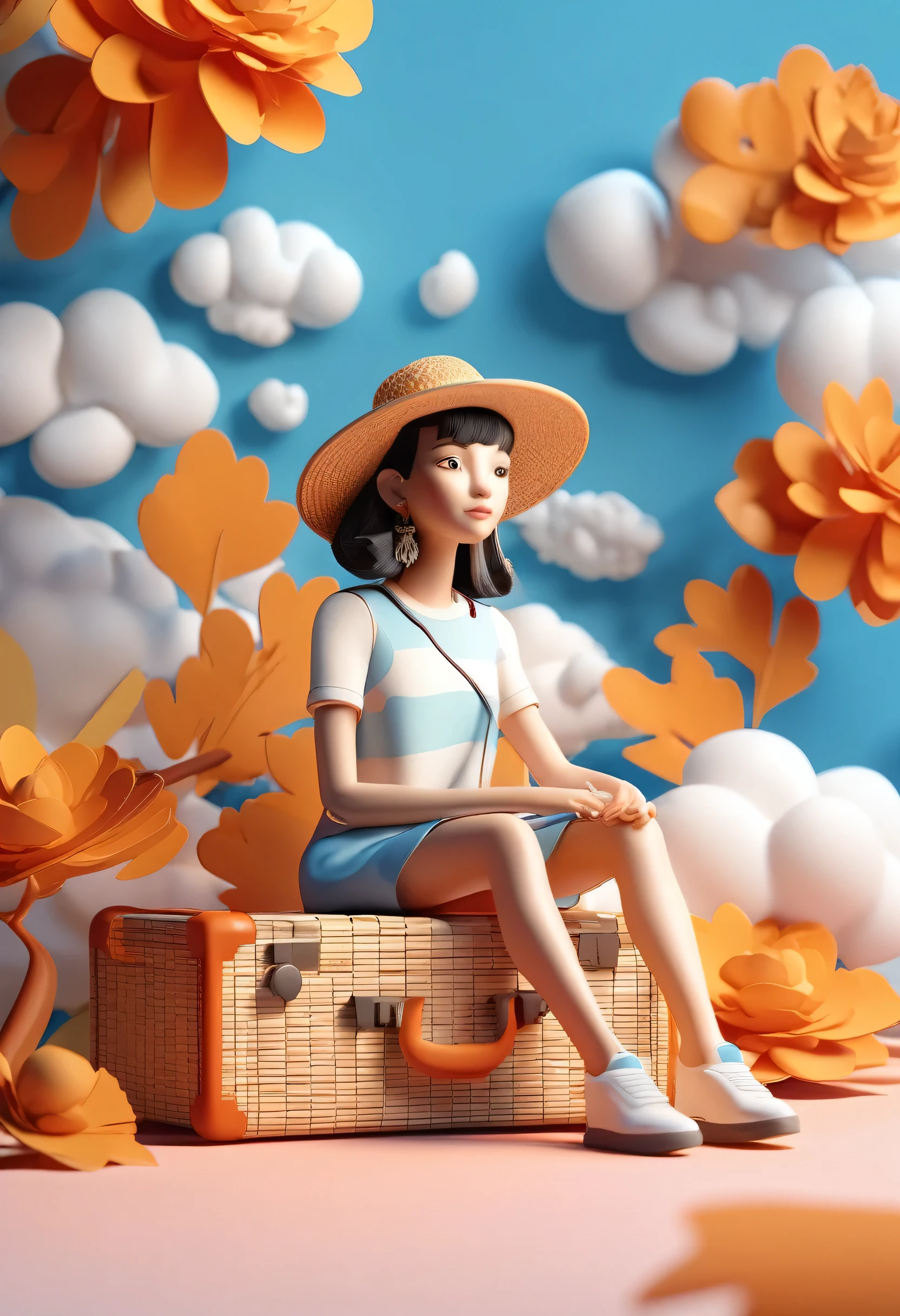 (A girl wearing a straw hat:1.4), solo、Sitting on a suitcase、cloud, atmosphere, leaf, Flowers floating in the air、paper(Miniature: 1.2), 2.5D illustration, 3D Rendering, 3D Modeling, Bubble Mat, Behans 3D Art Trends, Behans 3D Art Trends, 3D illustration, 3D illustration, 3D illustration, Commercial Illustration, Cinema 4D Color Rendering, 3D Rendering stylization, stylized digital illustration, 3D stylized scene, stylized 3D Rendering、Beautiful Face、Anatomically correct、