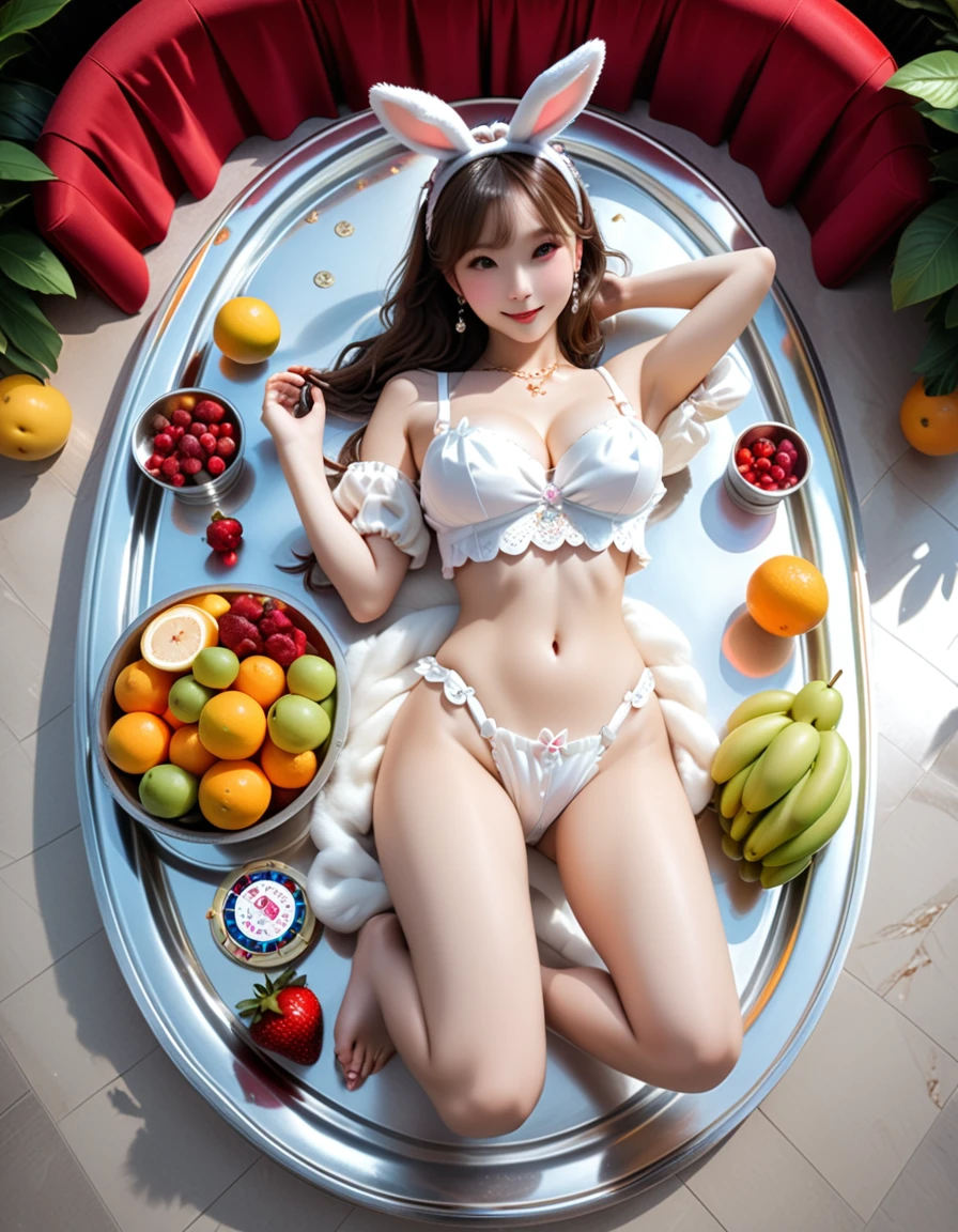 Full Body Portrait:1.4、A top-down shot of a bunny girl lying on a large silver tray:1.6、Lift your thighs and spread your legs wide:1.4、Raise your hands to show your armpits、Detailed thighs、Detailed crotch、Decorate with lots of fruit and whipped cream、Casino Background、 (Highest quality、4K、8k、High Resolution、masterpiece:1.2)、Super detailed、(Real、Photorealistic、Photorealistic:1.37)、Detailed eyes、Detailed face、gorgeous、elegant、Impression