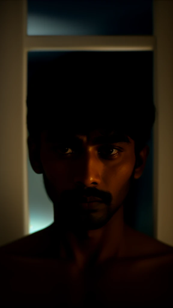 Emotional portrait, beautifully captures the emotional turmoil of a South Indian man who is deeply in love but is forced to part ways with his beloved. It's a poignant portrayal of heartbreak and the yearning for a lost love.cinematic lighting, masterpiece,shot on canon eos r1