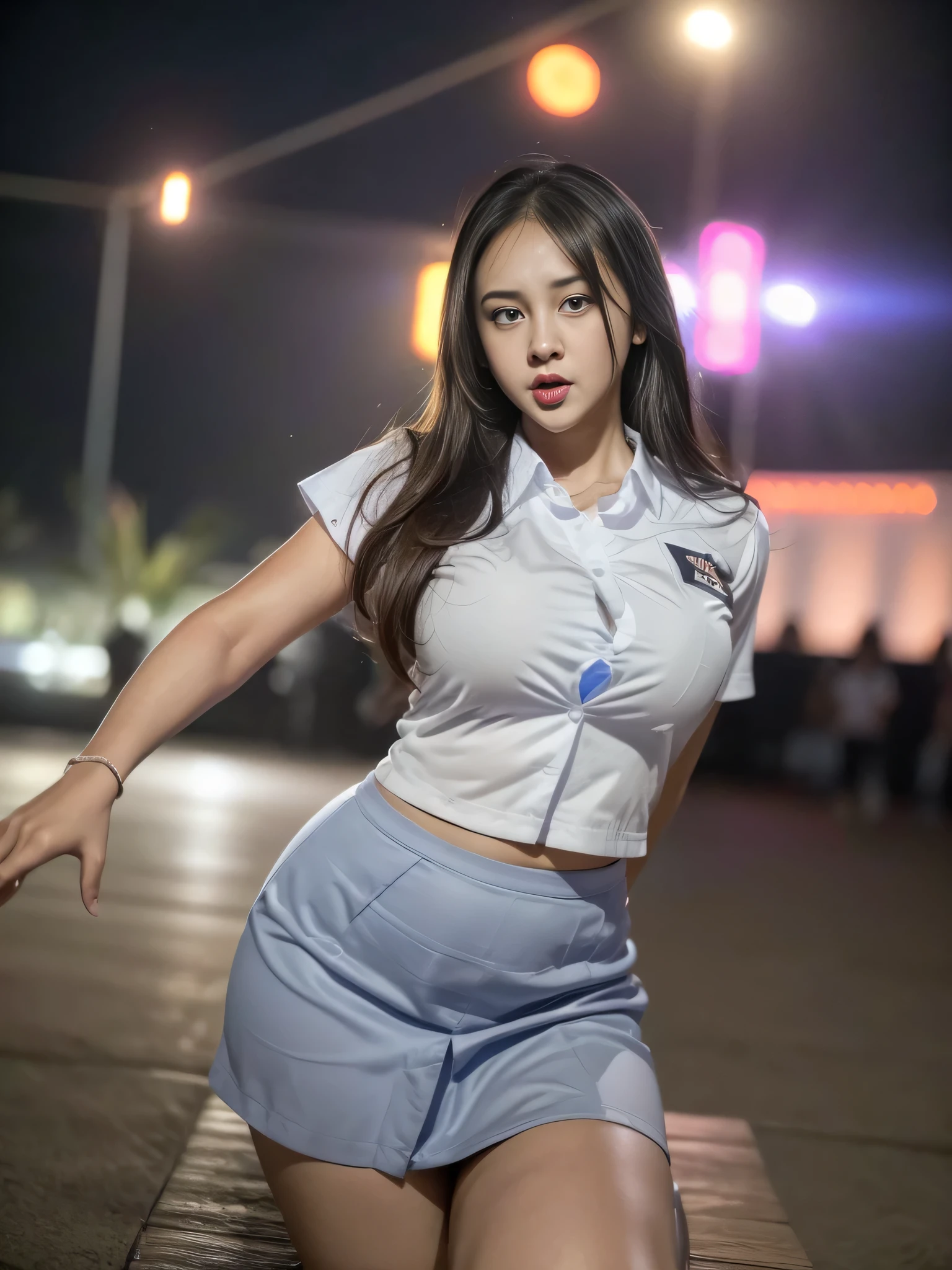 1girl, solo, (uniform), at night club, beautiful realistic city scenery at the background, cute angry face, thick breasts, smooth skin, tight white shirt, grey blue short skirt, looking at the audience, (zoom out:1.4), (8k, RAW photo, best quality, masterpiece: 1.3), (realistic, realistic: 1.37), ultra-high resolution