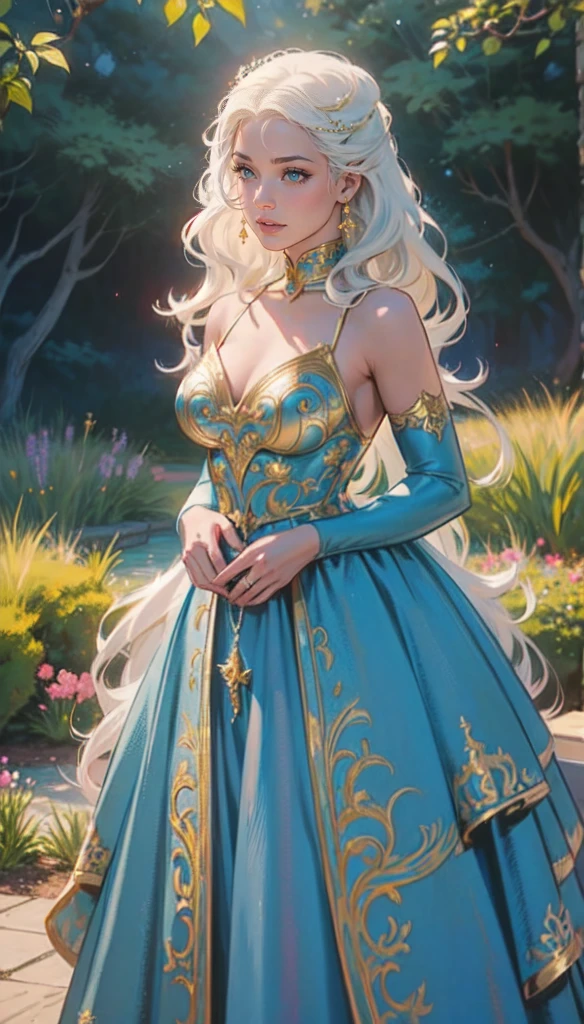 fantasy, Princess Targaryen, in the garden, a girl with white hair, in a blue dress embroidered with gold threads of rubies and diamonds, with open shoulders, looks like Jessie Mae Lee,, hd