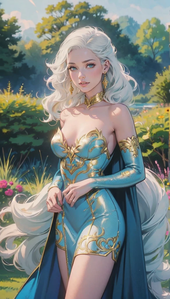 fantasy, Princess Targaryen, in the garden, a girl with white hair, in a blue dress embroidered with gold threads of rubies and diamonds, with open shoulders, looks like Jessie Mae Lee,, hd