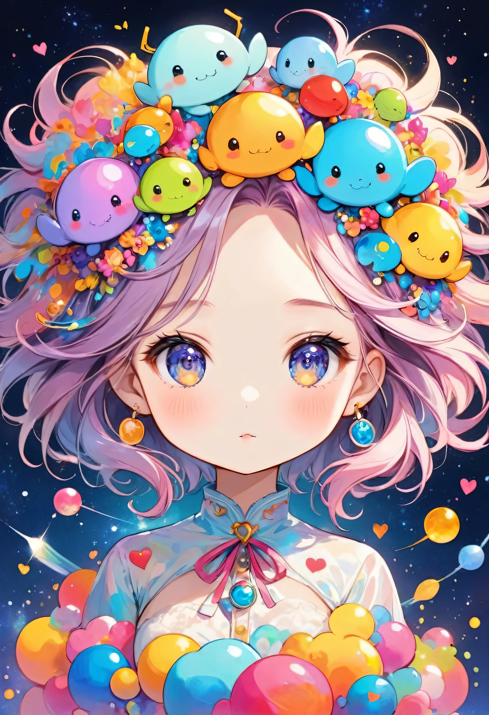 Mika Pikazo colorfull style, Simple Line Initialism,Abstract art,(((The most beautiful girl of all time))), (((chibi))), Sweet face. colorful hearts, funny design, (((bosom buddy ))), (((Cute Aliens))), The background is space