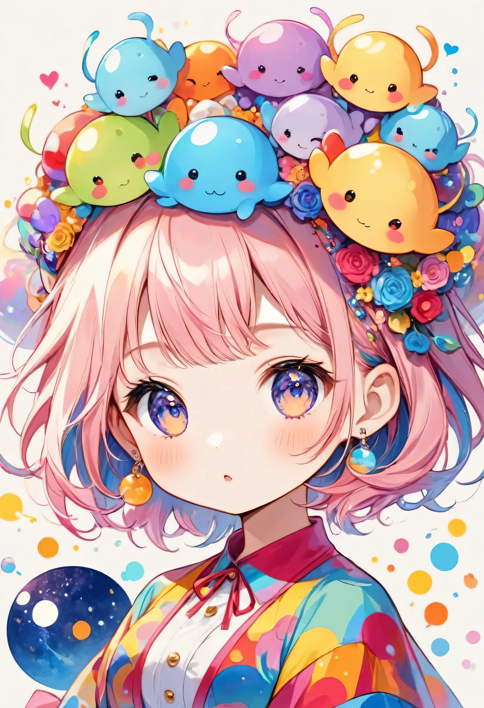 Mika Pikazo colorfull style, Simple Line Initialism,Abstract art,(((The most beautiful girl of all time))), (((chibi))), Sweet face. colorful hearts, funny design, (((bosom buddy ))), (((Cute Aliens))), The background is space