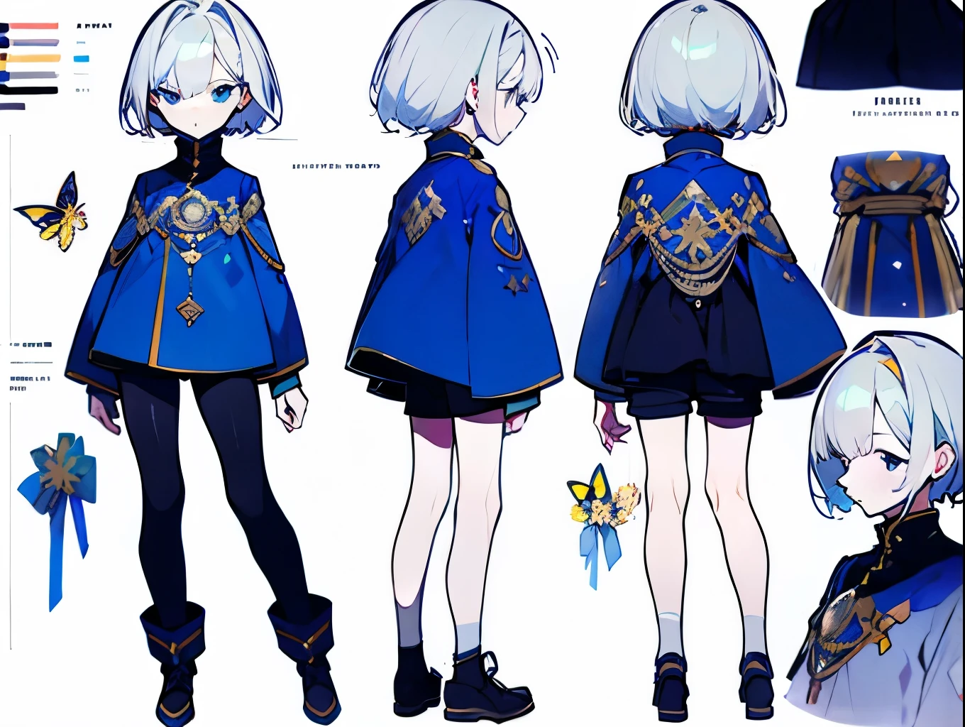 Make a costume design for an anime character with white hair，Small flowers adorn clothes and hair，White long-sleeved shirt，Light blue decorations，Star，small butterfly，Dark shorts，Beautiful boy，character sheet，Light blue short coat，Clothing in a minimalist style，Well designed white shoes，Clothing three views，Blue ribbon hanging down to the feet，fine，Light colors