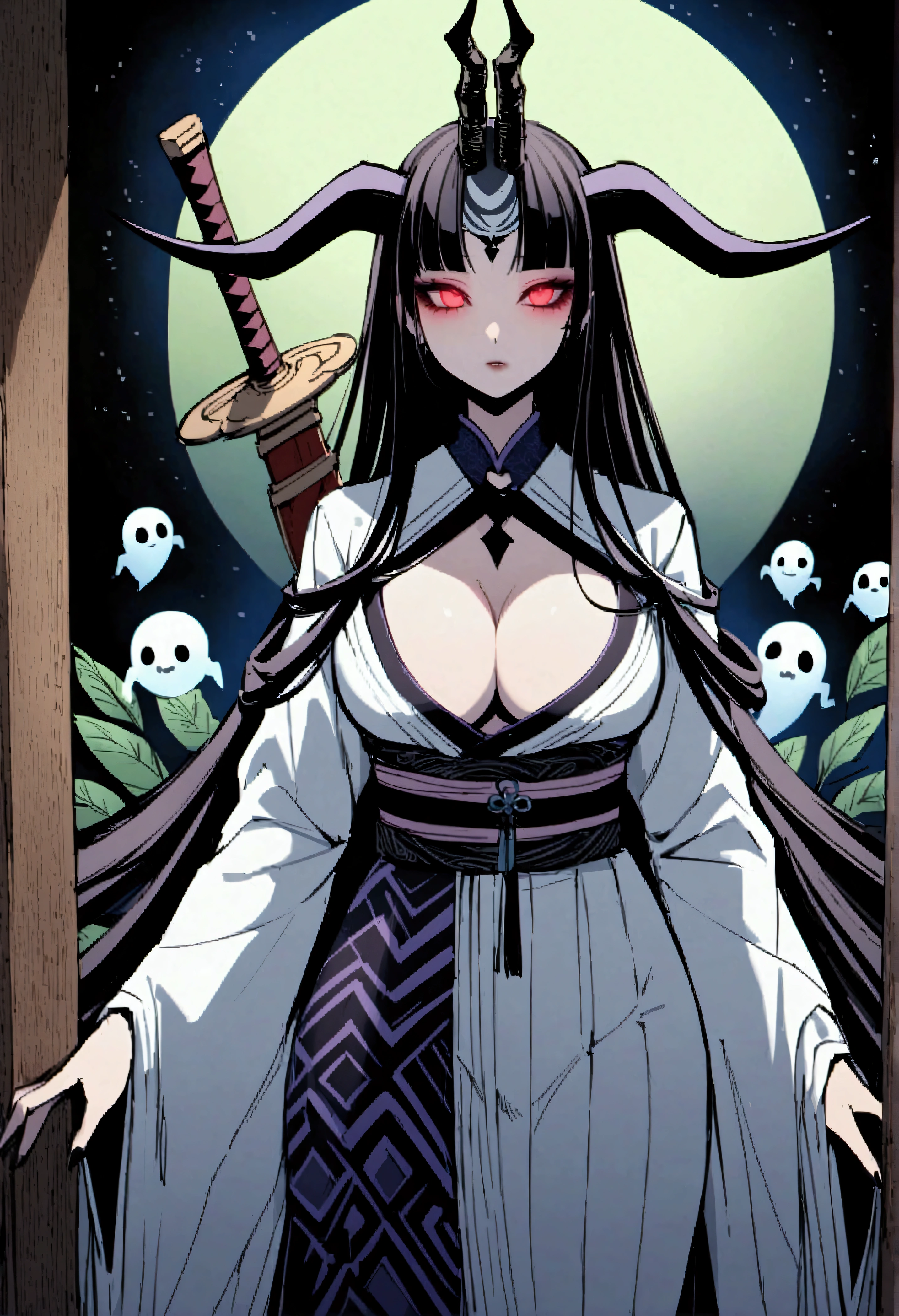 Beautiful demon girl、Space Kimono、(Personification:0.8)、Space horror、horn、Cleavage、Black makeup、Glowing Eyes、Detailed Background、Japanese style temple、ghost、spirit、Apparition、sword、plant、t Mr M、Blood、Wooden floor、空中の魔法のspirit、spirit動物、