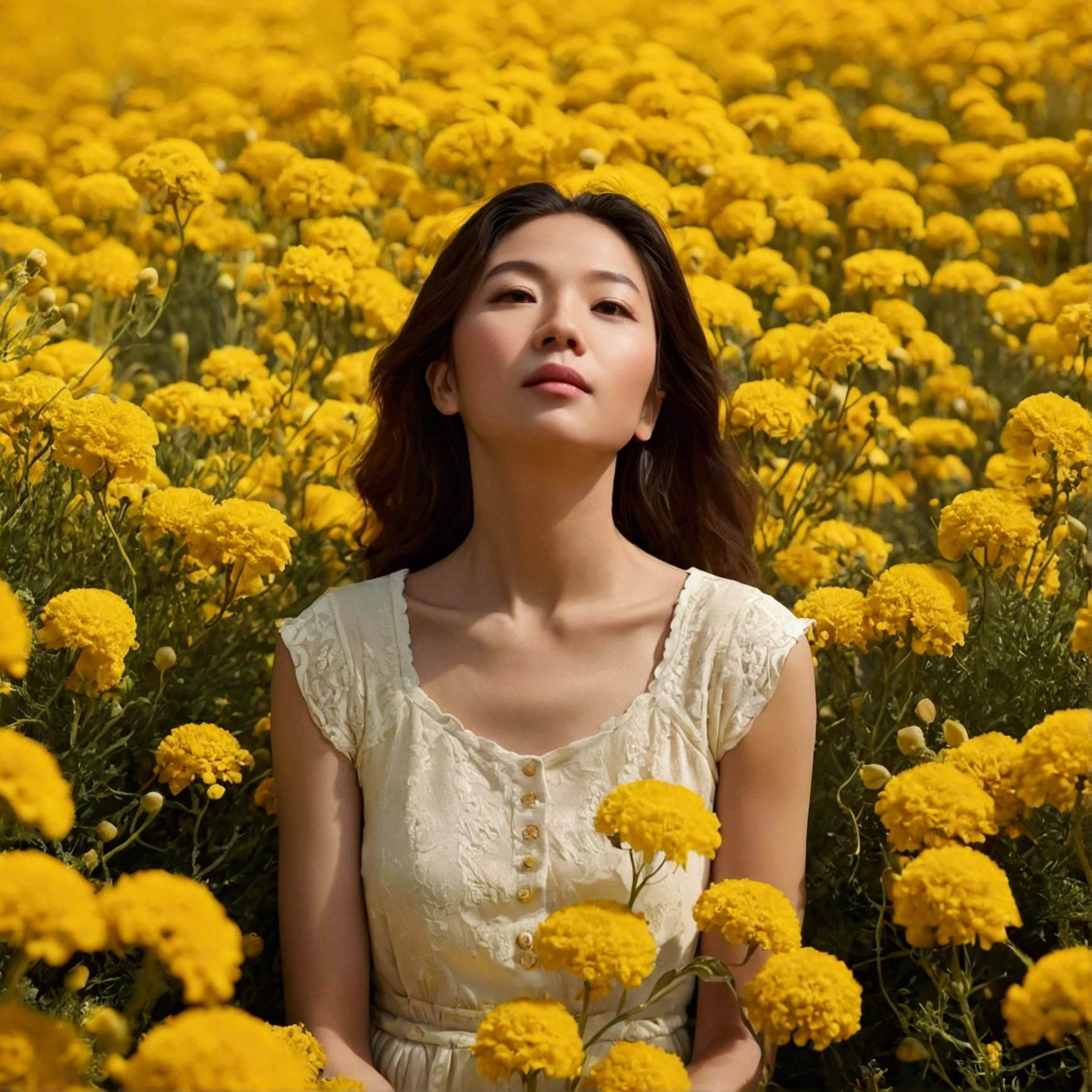 A woman surrounded by yellow flowers, simple, nostalgic