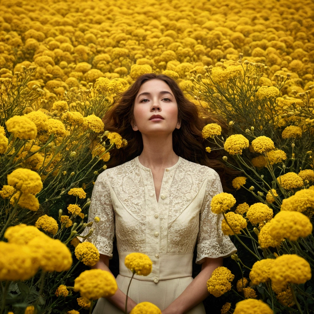 A woman surrounded by yellow flowers, simple, nostalgic