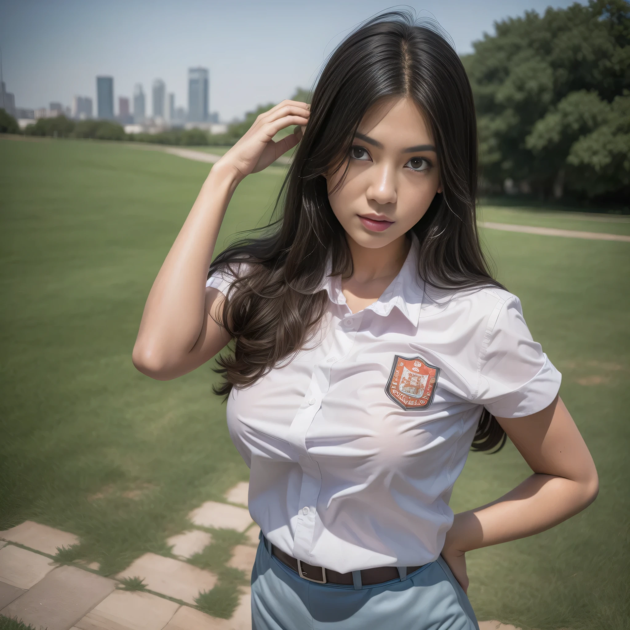 1girl, (uniform), standing, outdoors, detailed Metropolitan city at the background, (above head shot: 1.4), detailed face, detailed eyes, brunette, big breasts, smooth skin, semi-curvy body, white shirt, grey blue hot miniskirt , looking at the audience, Full body shot, (8k, RAW photo, best quality, masterpiece: 1.2), (realistic, realistic: 1.37), ultra-high resolution