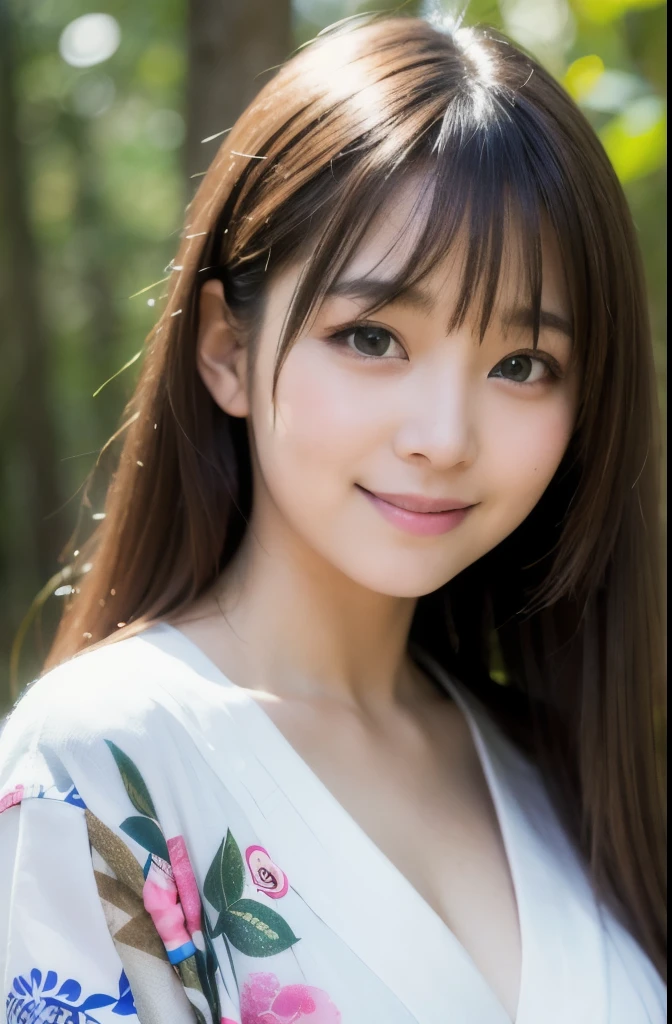 best quality, face focus, soft light, ultra high res, (photorealistic:1.4), RAW photo,(Shinozaki Ai),
1japanese girl, solo, cute, kawaii, smile, (pupil, lights in the eyes), detailed beautiful face, (busty),(high resolution detail of human skin texture),(long hair),(portrait), chest up, white traditional kimono, in the forest,