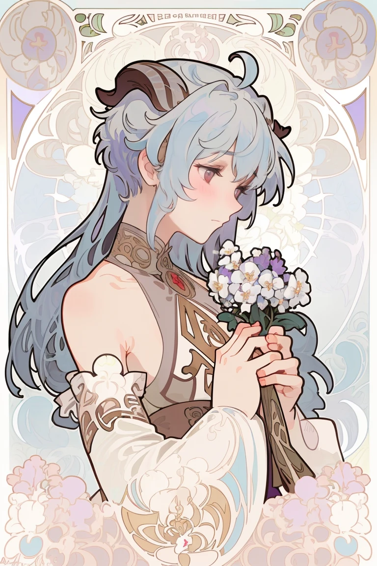 Art Nouveau Style, poster in a theater, (((art by alphonse mucha))), upper body, blush, profile ,(masterpiece, finely detailed beautiful eyes: 1.2), 1girl, solo, beautiful, small details, ultra detailed, best quality, intricate, sharp, digital illustration, detailed, white flowers, ((snow)), winter background, ganyu \(genshin impact\), 1girl, ahoge, bangs, bare shoulders, ((light blue hair)), blush, (red ram horns), long hair, medium breasts, purple eyes, sidelocks, solo, tassel, white sleeves, ((masterpiece)), curly hair, white dress, holding flowers