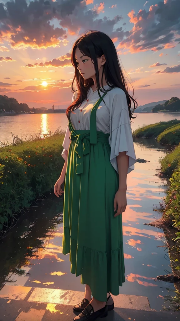 Every sunset carries the promise of a new dawn. Accept the outcome, Paving the way for a beautiful beginning. Nature painting. green, red tint, cloudy, sunset, green、A woman is reflected in the photo.