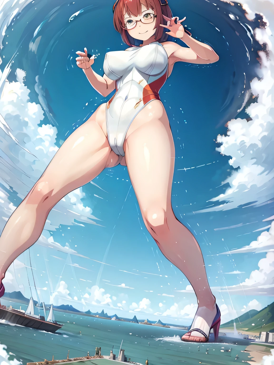 multiple girls, 3girls, standing, giantess art, highly detailed giantess shot, giantess, most detailed, perfect face, two legs, five fingers, short hair, beautiful girl bigger than a skyscraper, wearing rimless glasses, smiling, huge breasts, swimsuit, stiletto heels, under heavy attack, seaside metropolis, ocean, numerous miniature warships on the sea, very small metropolis, miniature metropolis, full body depiction, GTS, giga giantess, gigagts, trampling city, crush city, tiny city, micro city, high resolution, best quality, masterpiece,