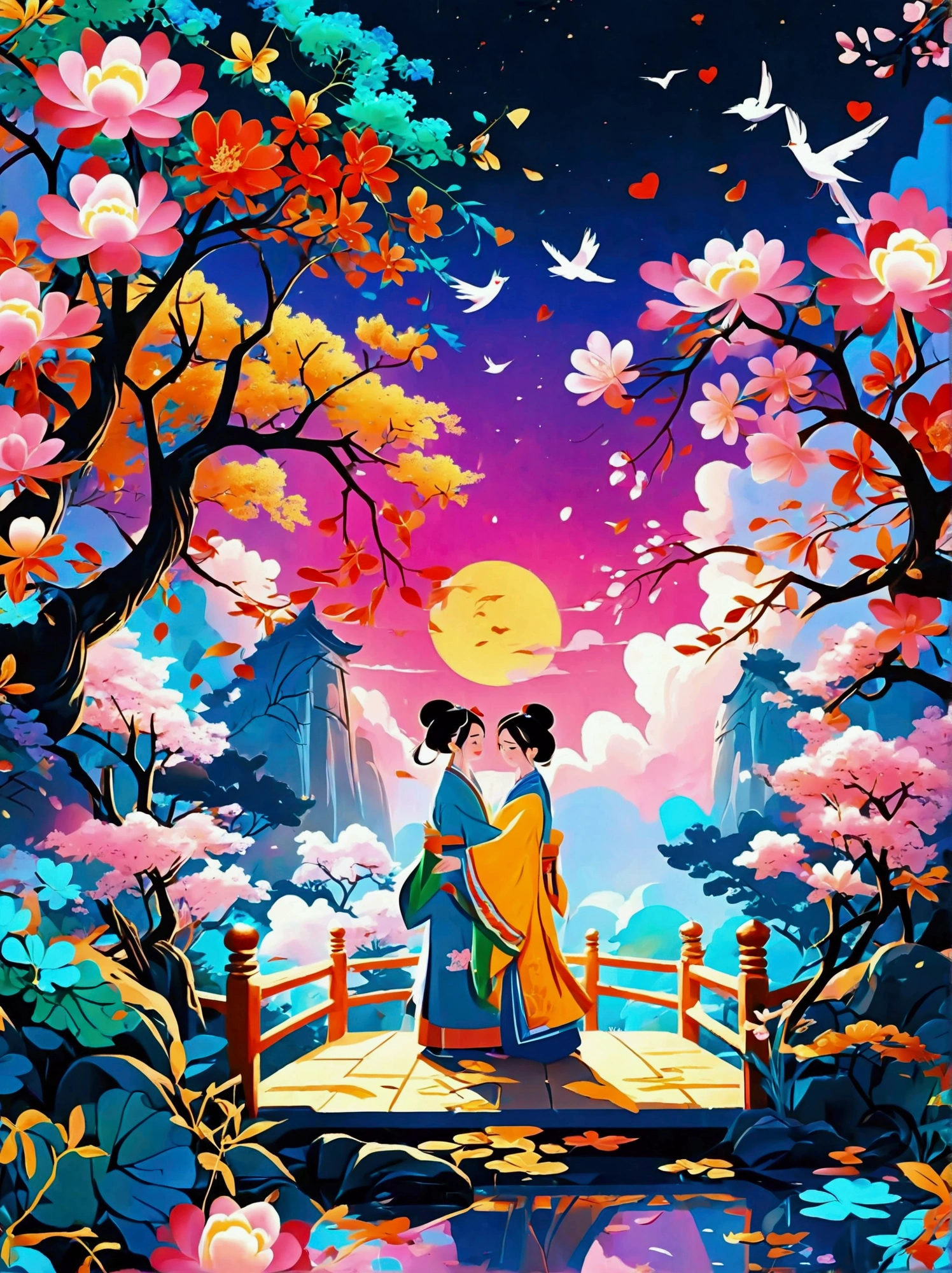 (((8k，Bright colors，Bright，Ultra high saturation，rgb, Colorful))), Chinese style，(in love:1.5)，(((Flat poster design)))，There are two people on the poster，Cowherd and Weaver Girl standing on an elegant bridge，The background is dreamy pink and purple，White magpies circling around them in the night sky，Surrounded by stars，Create a dreamy atmosphere，It is created in the style of Hayao Miyazaki&#39;s anime，In the foreground，There are some flowers in front，High Definition，High Detail，Dunhuang mural style，Dunhuang bright colors，Dunhuang Elements，Flat illustration