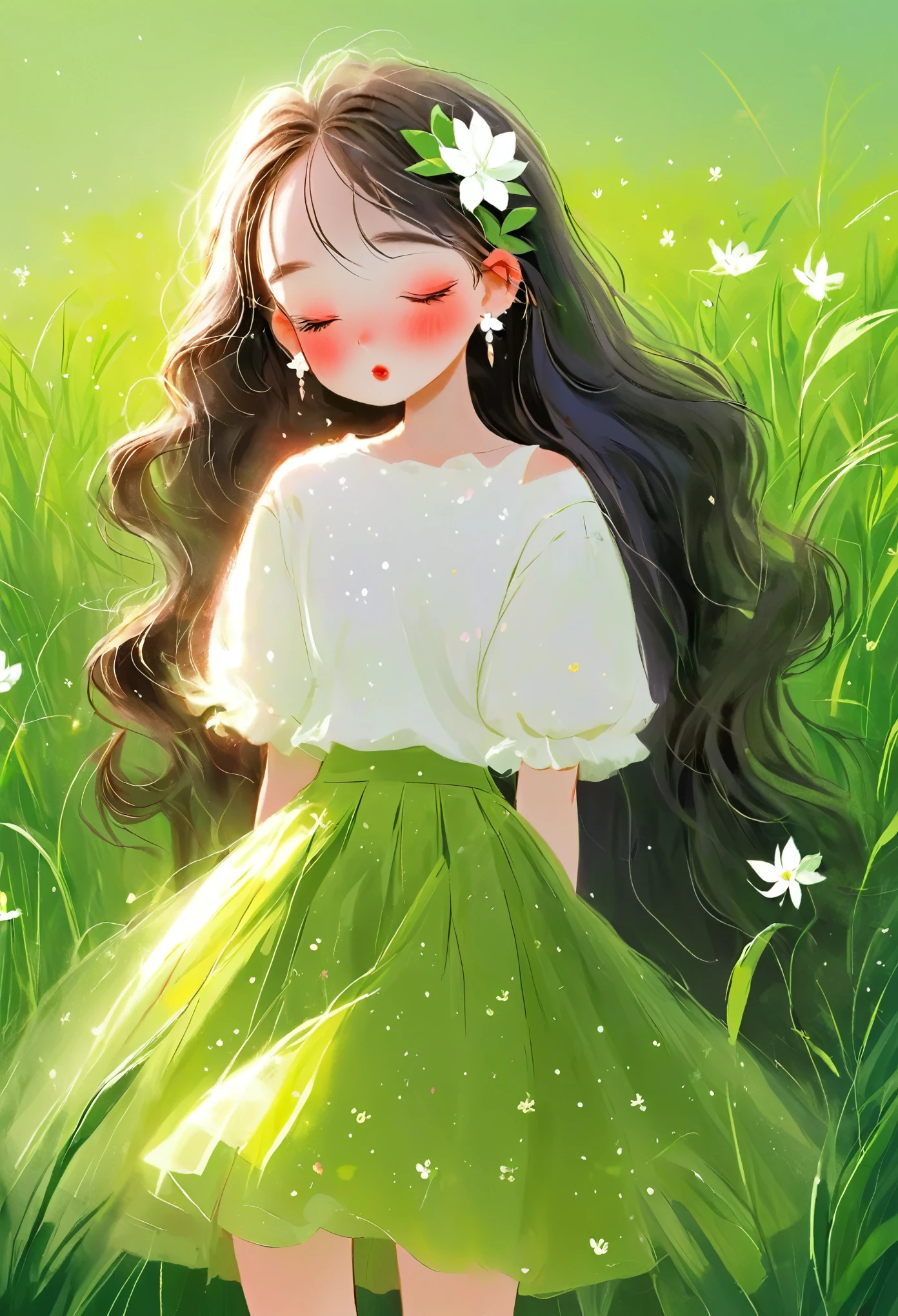 Rough texture,Hand-drawn style:1 Girl,Close your eyes,skirt,earrings,flower,Grass,Green Background,头flower环,Jewelry,leaf,Long hair,plant,Solitary,white skirt