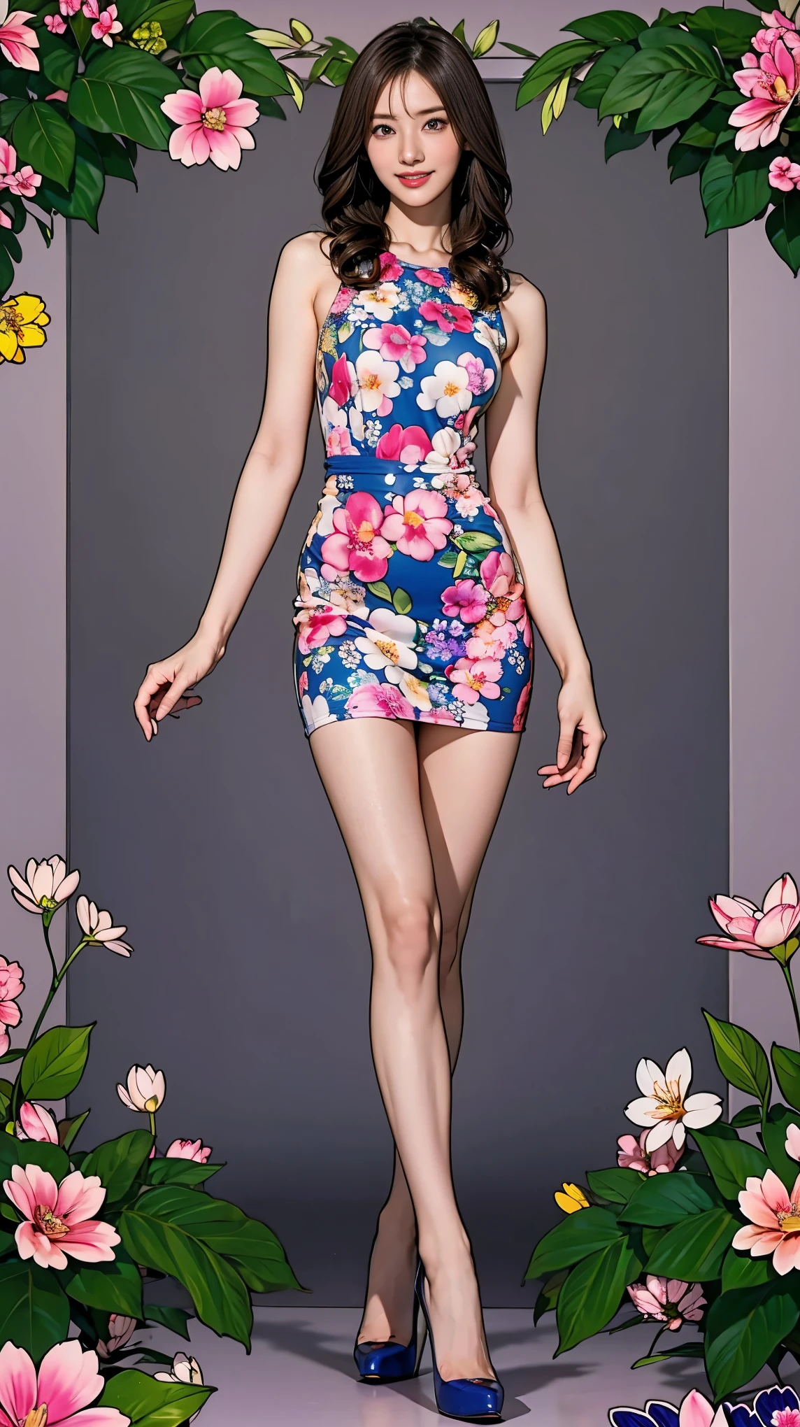 ((masterpiece)),(((Highest quality))),Character design sheet:1.5,Long legs,Slender figure:1.5,whole body:1.5,(One Girl:1.3),(Viewer Display:1.4),The best smile:1.5,(Pointy high heels:1.3),(Stand with legs apart:1.2),(Wearing a floral and plant print mini dress:1.2), Curly Hair:1.5,High waist:1.5,
