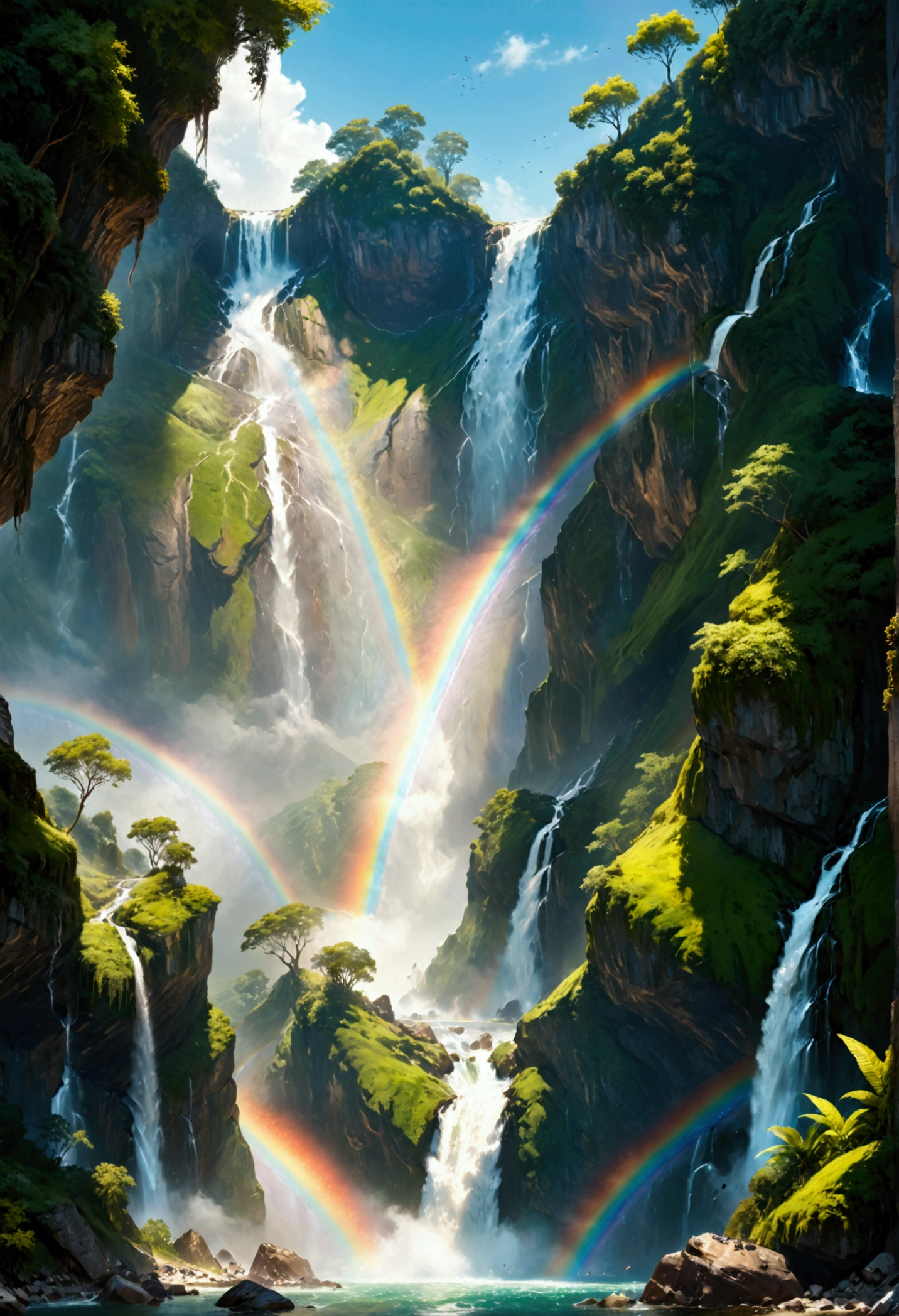 a ((low angle shot: 1.5)), from below of an epic waterfall, there is an epic waterfall coming out of an epic cliff, ((standing really close to the waterfall)) the water coming down in earnest, the water are in many shades of green, blue and the sun is refleted in them,  there is a rainbow reflected on the  water, vibrant, Ultra-high resolution, High Contrast, (masterpiece:1.5), highest quality, Best aesthetics), best details, best quality, highres, 16k, (ultra detailed: 1.5), masterpiece, best quality, (extremely detailed) RAW, (ultra details, Masterpiece, best quality), chumbasket art style, ral-czmcrnbw, Cinematic Hollywood Film