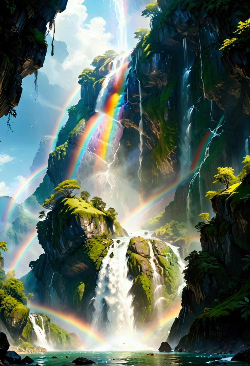 a ((low angle shot: 1.5)), from below of an epic waterfall, there is an epic waterfall coming out of an epic cliff, ((standing really close to the waterfall)) the water coming down in earnest, the water are in many shades of green, blue and the sun is refleted in them,  there is a rainbow reflected on the  water, vibrant, Ultra-high resolution, High Contrast, (masterpiece:1.5), highest quality, Best aesthetics), best details, best quality, highres, 16k, (ultra detailed: 1.5), masterpiece, best quality, (extremely detailed) RAW, (ultra details, Masterpiece, best quality), chumbasket art style, ral-czmcrnbw, Cinematic Hollywood Film