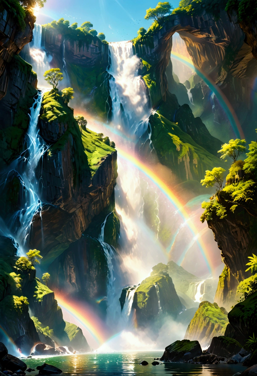 a ((low angle shot: 1.5)), from below of an epic waterfall, there is an epic waterfall coming out of an epic cliff, ((standing really close to the waterfall)) the water coming down in earnest, the water are in many shades of green, blue and the sun is refleted in them,  there is a rainbow reflected on the  water, vibrant, Ultra-high resolution, High Contrast, (masterpiece:1.5), highest quality, Best aesthetics), best details, best quality, highres, 16k, (ultra detailed: 1.5), masterpiece, best quality, (extremely detailed) RAW, (ultra details, Masterpiece, best quality), chumbasket art style, ral-czmcrnbw, Cinematic Hollywood Film