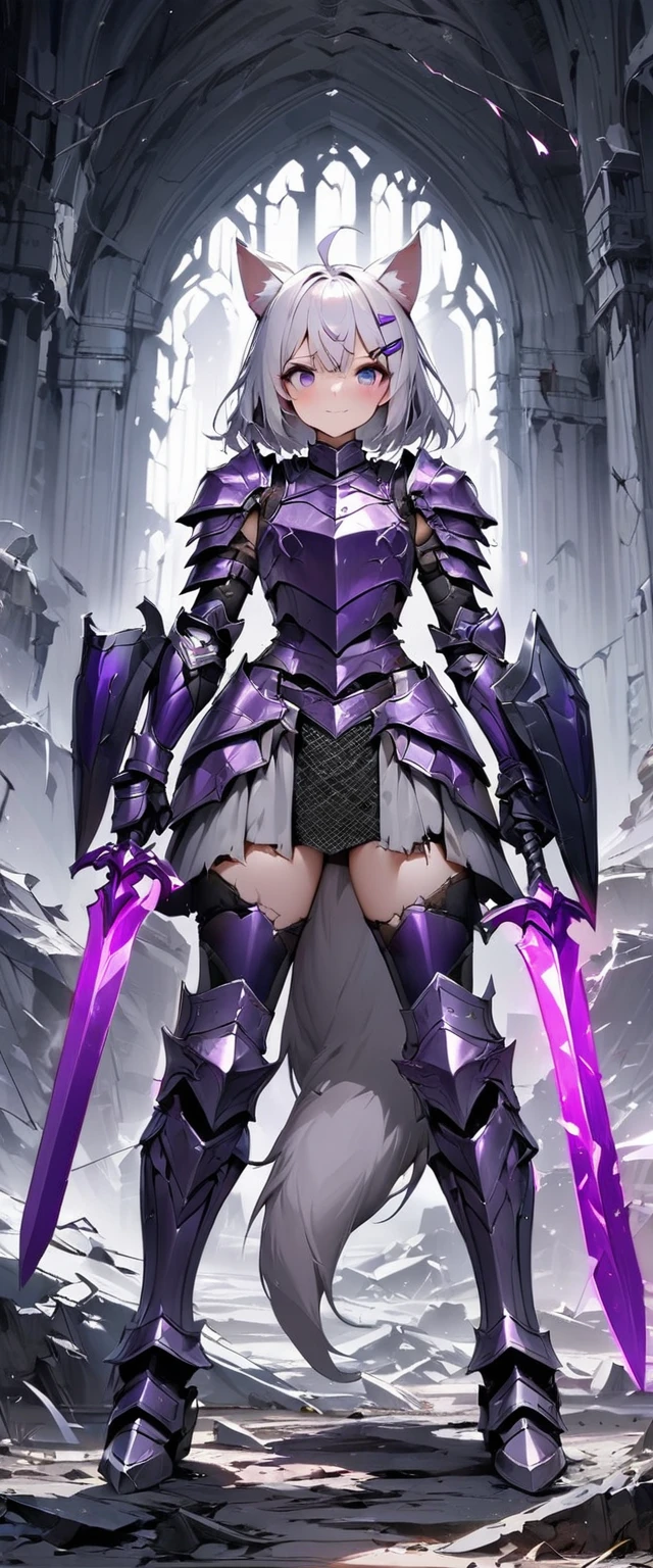 UHD, masterpiece, best quality, extremely detailed, anatomically correct, sharp focus, midnight, gloomy atmosphere, frontal light, soft light, diffused light, shade, no shadow, ((battlefield)), abandoned castle, broken castle, broken walls, broken floors, broken windows, broke glass, 1girl, solo, Filian, fox tail, small cat ears, white hair, short hair, shoulder length hair, ahoge, (purple hairclip:1.5), (hair bell:1,3), hair ornament, hair bell, big eyes, deep violet eyes, blush, closed mouth, slight smile, white knight's armor, metal breastplate, metal gauntlet, slim arms, hands wielding purple crystal sword, sword and shield, armored skirt, (chainmail chausses), slim legs, leg armor, metal greaves, armored boots, full body shot, full body pose, Eye-Level Shot, front view, full body pose,