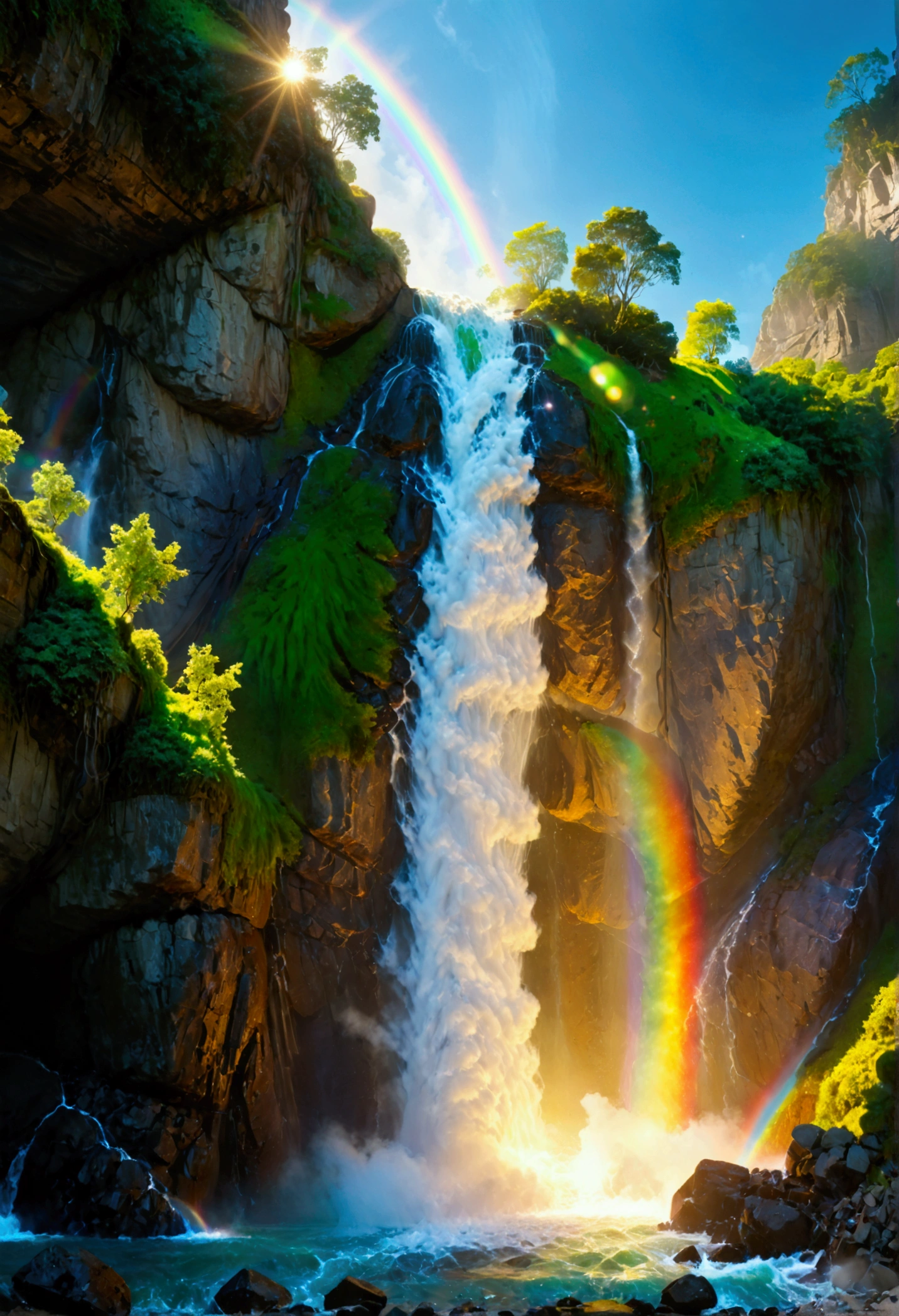 a ((low angle shot: 1.5)), from below of an epic waterfall, there is an epic waterfall coming out of an epic cliff, ((standing really close to the waterfall)) the water coming down in earnest, the water are in many shades of green, blue and the sun is refleted in them,  there is a rainbow reflected on the  water, vibrant, Ultra-high resolution, High Contrast, (masterpiece:1.5), highest quality, Best aesthetics), best details, best quality, highres, 16k, (ultra detailed: 1.5), masterpiece, best quality, (extremely detailed) RAW, (ultra details, Masterpiece, best quality), chumbasket art style, ral-czmcrnbw, Cinematic Hollywood Film