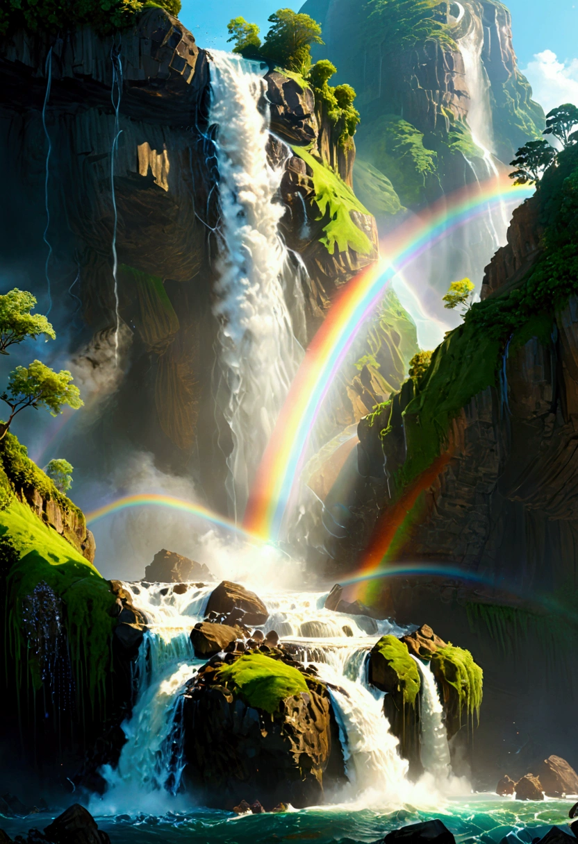 a ((low angle shot: 1.5)), from below of an epic waterfall, there is an epic waterfall coming out of an epic cliff, ((standing really close to the waterfall)) the water coming down in earnest, there is a rainbow reflected on the  water, vibrant, Ultra-high resolution, High Contrast, (masterpiece:1.5), highest quality, Best aesthetics), best details, best quality, highres, 16k, (ultra detailed: 1.5), masterpiece, best quality, (extremely detailed) RAW, (ultra details, Masterpiece, best quality),  ral-czmcrnbw