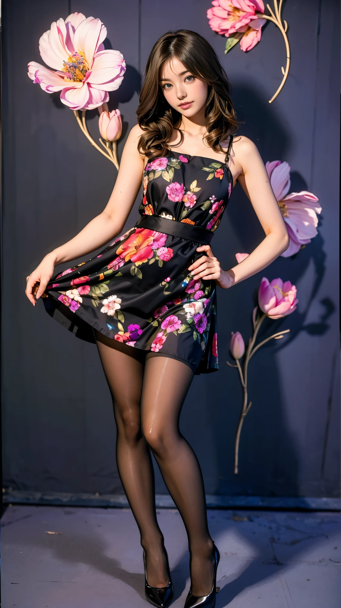 ((masterpiece)),(((Highest quality))),Thin thighs,Long legs,whole body:1.5，(One Girl:1.3),(Black pantyhose and thick pointy heels：1.3),(Wearing a floral miniskirt dress:1.2),Curly Hair Short Blonde:1.2、Model pose，