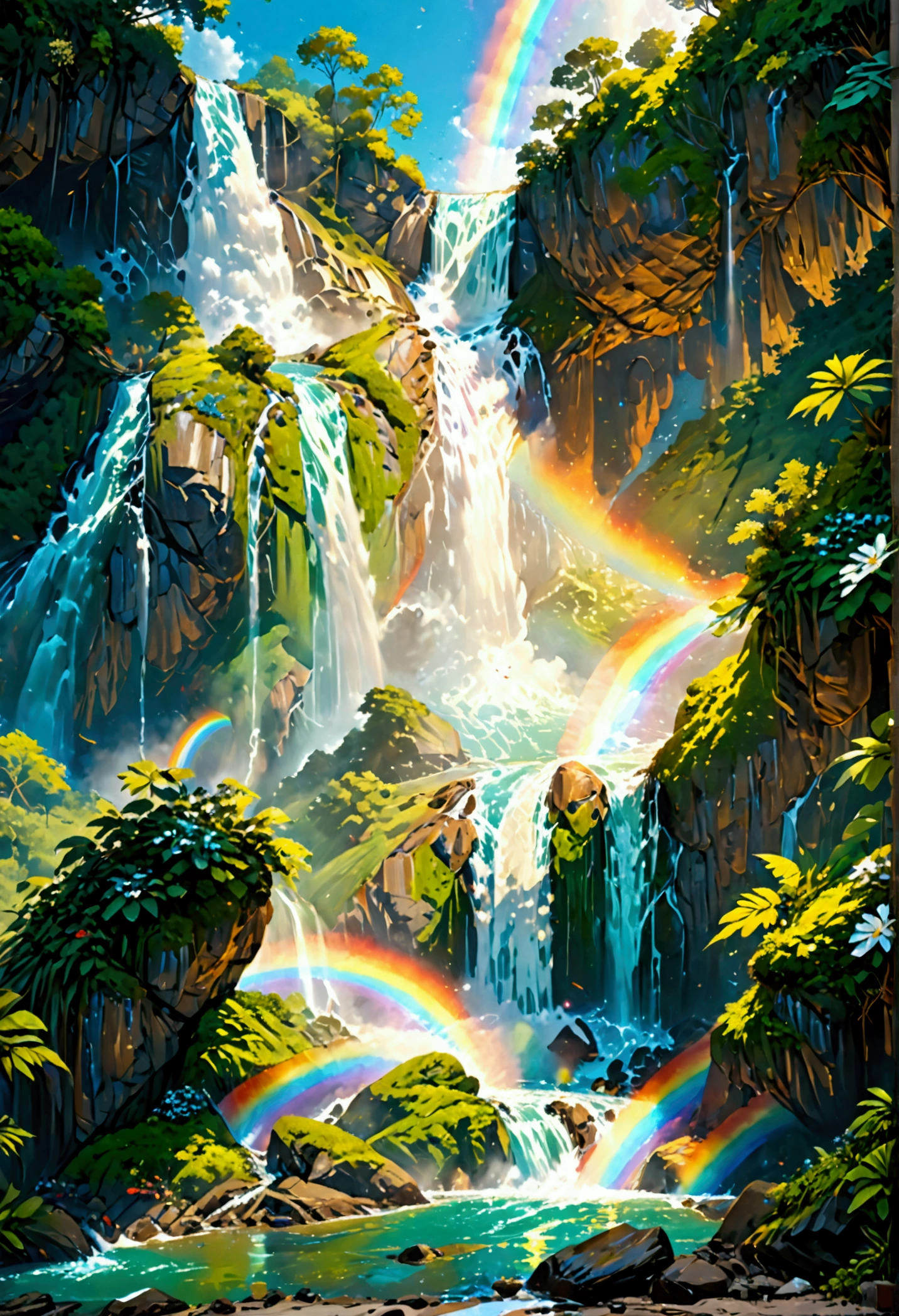 a ((low angle shot: 1.5)), from below of an epic waterfall, there is an epic waterfall coming out of an epic cliff, ((standing really close to the waterfall)) the water coming down in earnest, the water are in many shades of green, blue and the sun is refleted in them,  there is a rainbow reflected on the  water, vibrant, Ultra-high resolution, High Contrast, (masterpiece:1.5), highest quality, Best aesthetics), best details, best quality, highres, 16k, (ultra detailed: 1.5), masterpiece, best quality, (extremely detailed) RAW, (ultra details, Masterpiece, best quality), chumbasket art style, ral-czmcrnbw, Cinematic Hollywood Film