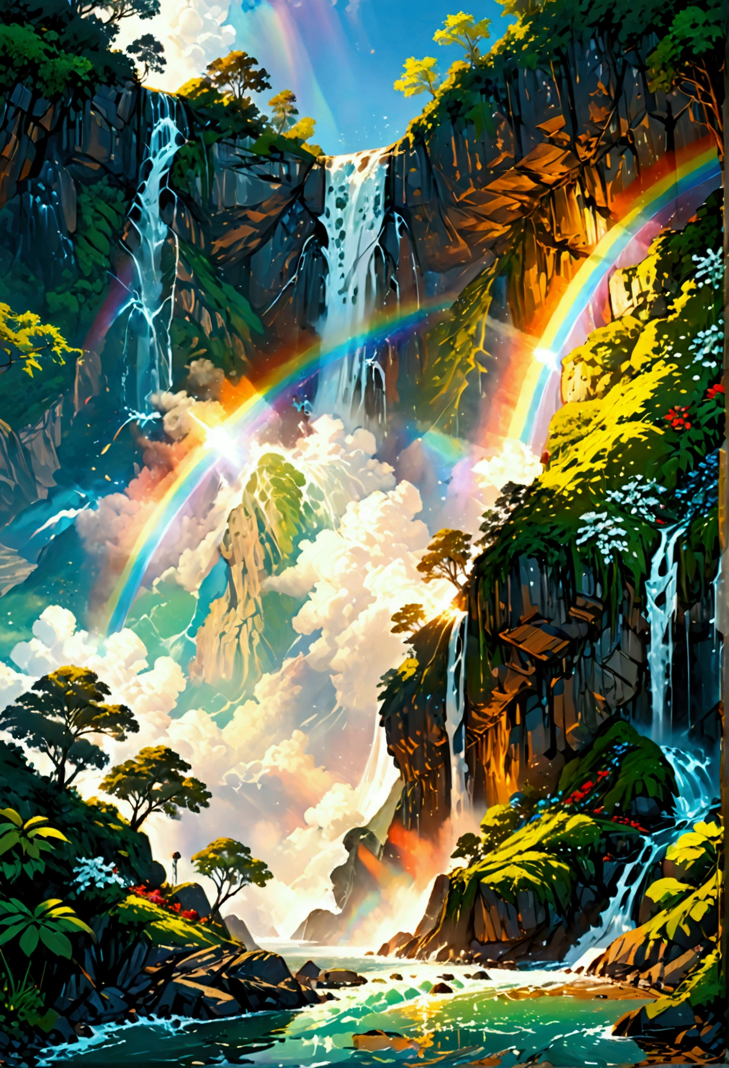 a ((low angle shot: 1.5)), from below of an epic waterfall, there is an epic waterfall coming out of an epic cliff, ((standing really close to the waterfall)) the water coming down in earnest, the water are in many shades of green, blue and the sun is refleted in them,  there is a rainbow reflected on the  water, vibrant, Ultra-high resolution, High Contrast, (masterpiece:1.5), highest quality, Best aesthetics), best details, best quality, highres, 16k, (ultra detailed: 1.5), masterpiece, best quality, (extremely detailed) RAW, (ultra details, Masterpiece, best quality), chumbasket art style, ral-czmcrnbw, Cinematic Hollywood Film