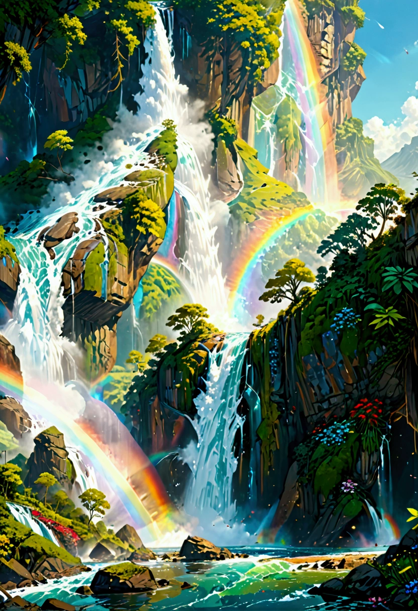 a ((low angle shot: 1.5)), from below of an epic waterfall, there is an epic waterfall coming out of an epic cliff, ((standing really close to the waterfall)) the water coming down in earnest, the water are in many shades of green, blue and the sun is refleted in them,  there is a rainbow reflected on the  water, vibrant, Ultra-high resolution, High Contrast, (masterpiece:1.5), highest quality, Best aesthetics), best details, best quality, highres, 16k, (ultra detailed: 1.5), masterpiece, best quality, (extremely detailed) RAW, (ultra details, Masterpiece, best quality), chumbasket art style, ral-czmcrnbw, Cinematic Hollywood Film