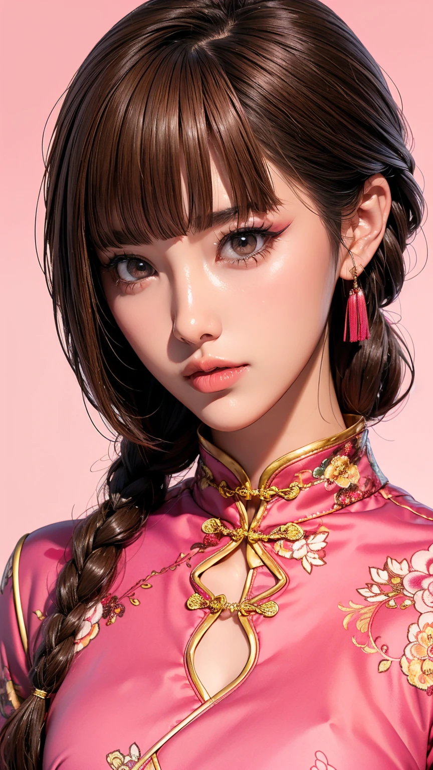 Realistic, masterpiece, Highest quality, Highest Resolution, Anatomically correct, Accurate Anatomy, 7 heads, Height: 165cm, One Japanese woman, A sharp expression with some teeth showing, 視聴者を見ずに遠くを見るSharp Eyes, Fine and beautiful eyes, Sparkling eyes, Thin eyebrows, Gives lashes a delicate finish, False eyelashes, (Chinese traditional makeup:1.2), (Braided hair, Blunt bangs, Brown Hair:1.2), Detailed face, Sharp Eyes, (Classic pink cheongsam:1.3), Bust up photo, Blank background in warm colors