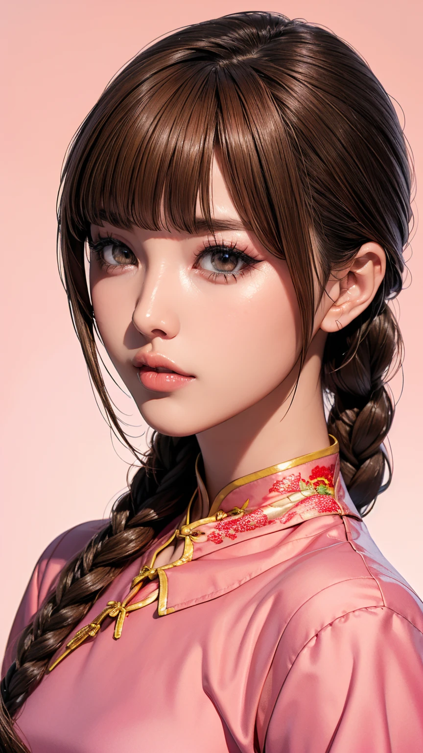 Realistic, masterpiece, Highest quality, Highest Resolution, Anatomically correct, Accurate Anatomy, 7 heads, Height: 165cm, One Japanese woman, A sharp expression with some teeth showing, 視聴者を見ずに遠くを見るSharp Eyes, Fine and beautiful eyes, Sparkling eyes, Thin eyebrows, Gives lashes a delicate finish, False eyelashes, (Chinese traditional makeup:1.2), (Braided hair, Blunt bangs, Brown Hair:1.2), Detailed face, Sharp Eyes, (Classic pink cheongsam:1.3), Bust up photo, Blank background in warm colors