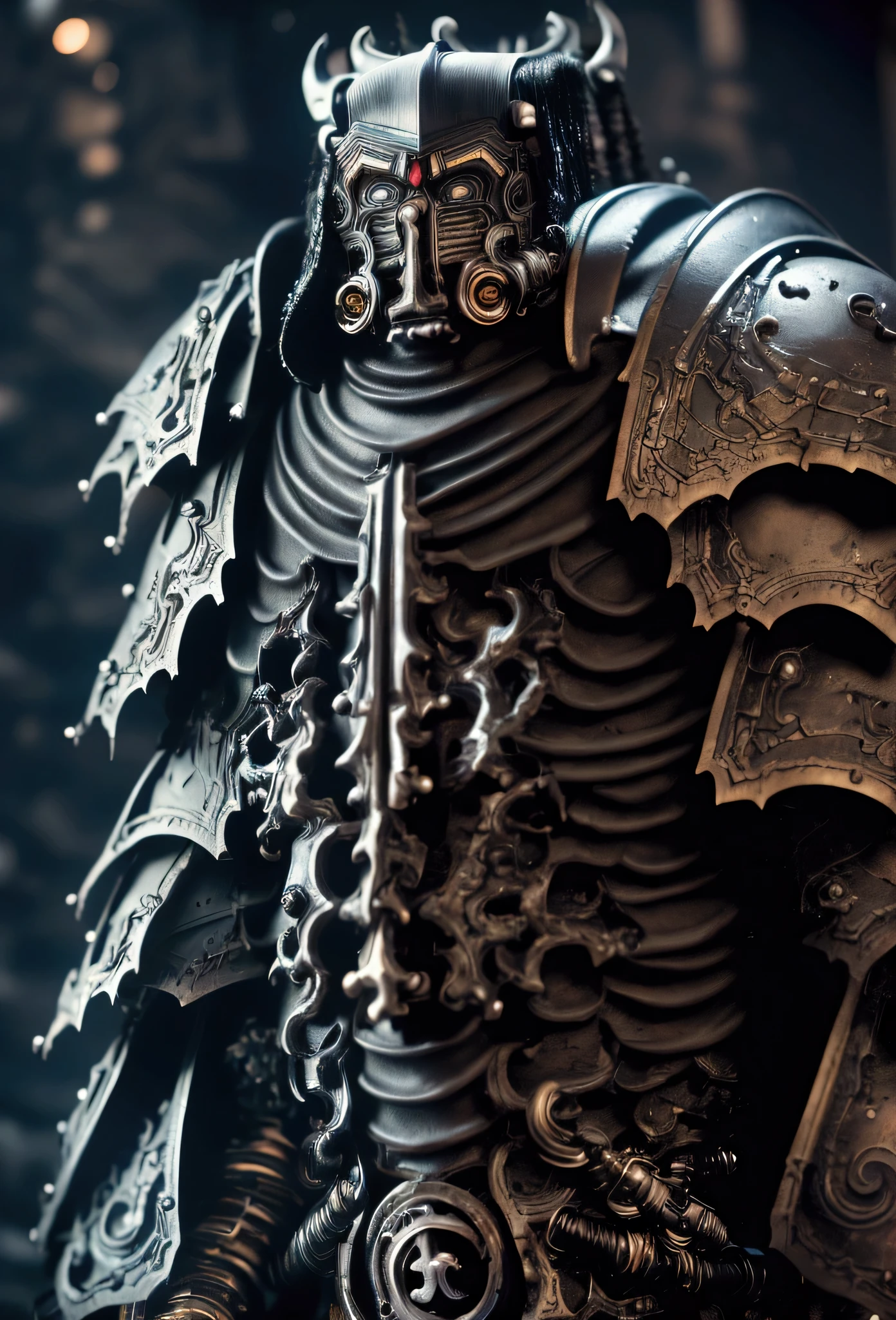 human realistic male, big, black cape, (warhammer 40k art:1.4), (muscles:1.1), (futuristic black carapace armor:1.2), standing, helmet and respirator, by john wilhelm, (best quality, masterpiece, award winning:1.4), (octane render, vivid colours:1.2)