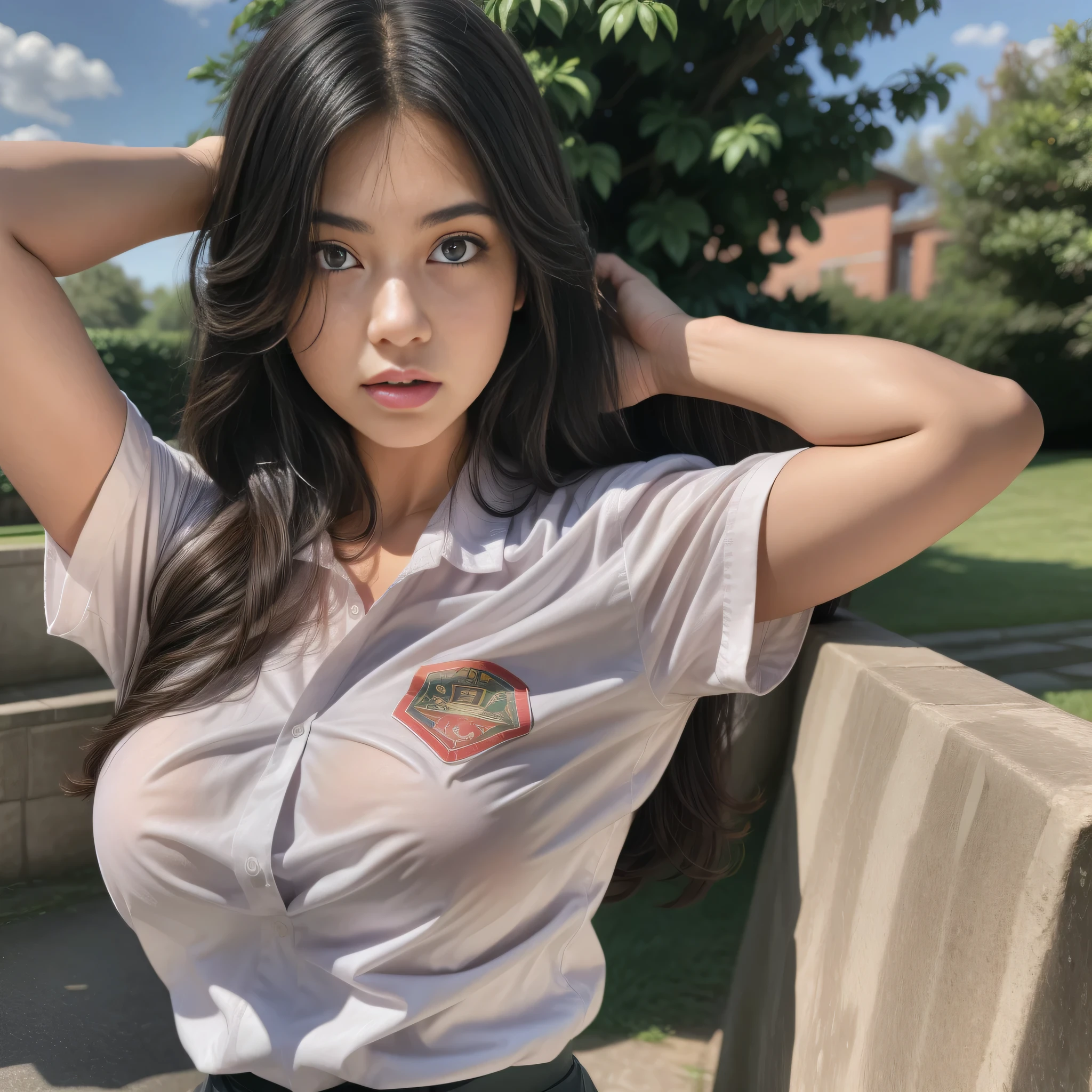 1girl, (uniform), standing, outdoors, detailed Metropolitan city at the background, (above head shot: 1.4), detailed face, detailed eyes, brunette, big breasts, smooth realistic skin, semi-curvy body, white shirt, grey blue hot miniskirt , looking at the audience, Full body shot, (8k, RAW photo, best quality, masterpiece: 1.2), (realistic, realistic: 1.37), ultra-high resolution