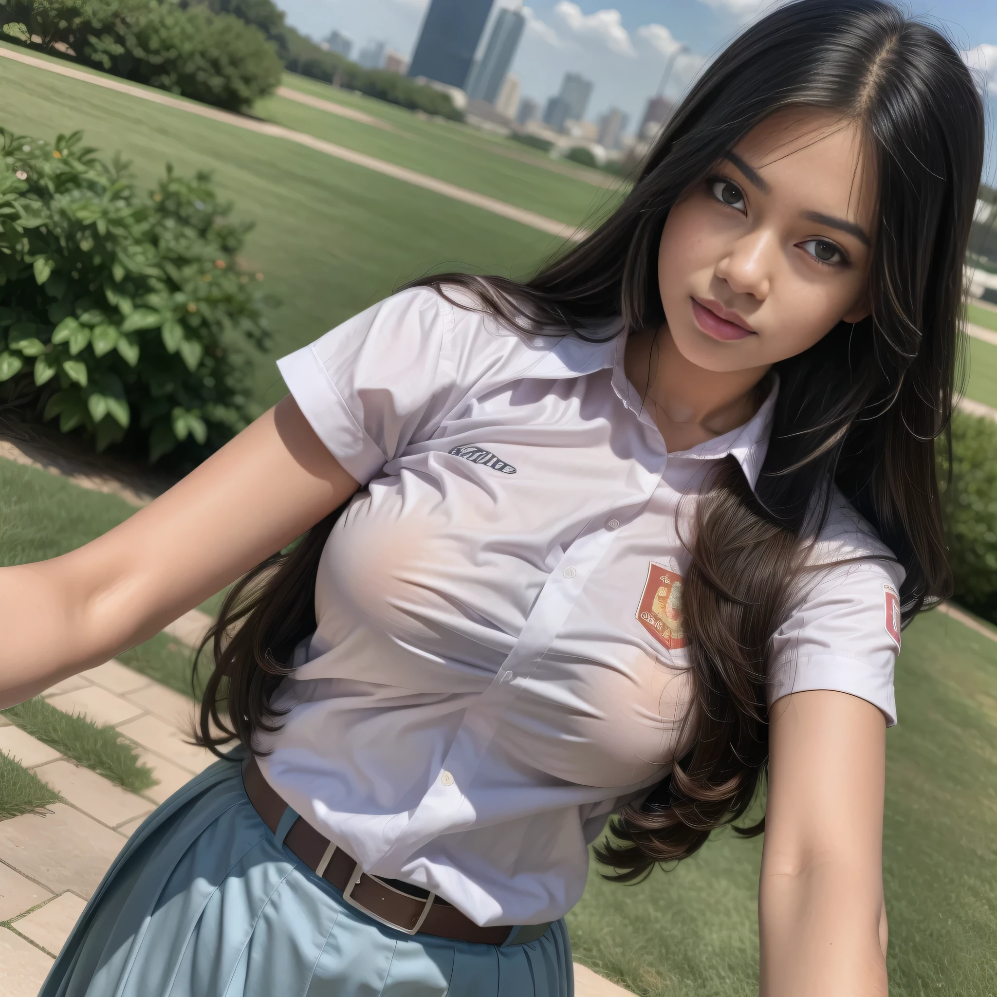 1girl, (uniform), standing, outdoors, detailed Metropolitan city at the background, (above head shot: 1.4), detailed face, detailed eyes, brunette, big breasts, smooth realistic skin, semi-curvy body, white shirt, grey blue hot miniskirt , looking at the audience, Full body shot, (8k, RAW photo, best quality, masterpiece: 1.2), (realistic, realistic: 1.37), ultra-high resolution