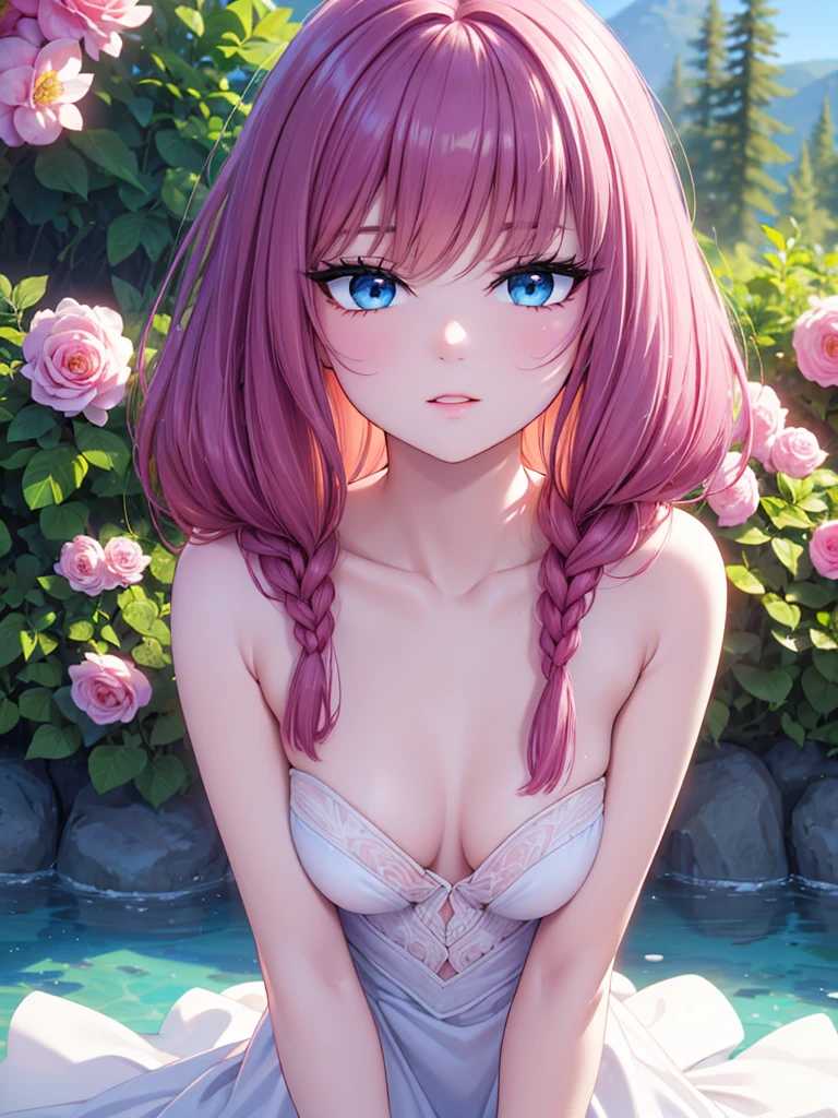 one pretty woman, face detailed, high qualiy, realisitic, foto realisitic: 1,37, (best qualityer, 4K, 8k, high resolution, Masterpiece artwork: 1,2), ultra detailed down to the smallest detail, bright coloured, natural lighting, detailed lips, details Intricate , pele realisitic, gorgeous eyes, long eyelashes, delicate features, feminine expression, flawless complexion, elegant pose, natural lighting, softfocus, Warm Color Palette, fully body, she is very sexy half naked, on top of a mountain with small trees and flowers around it and a beautiful beach in the background