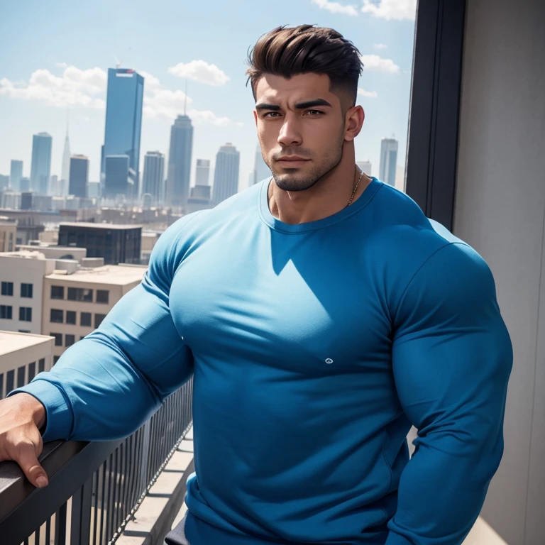 a very handsome young man, massively muscular, with massively large muscles, with massively large biceps, with massively large arms, wearing a simple blue sweatshirt with long sleeves, on top of a building, sunny day, I visit closely
