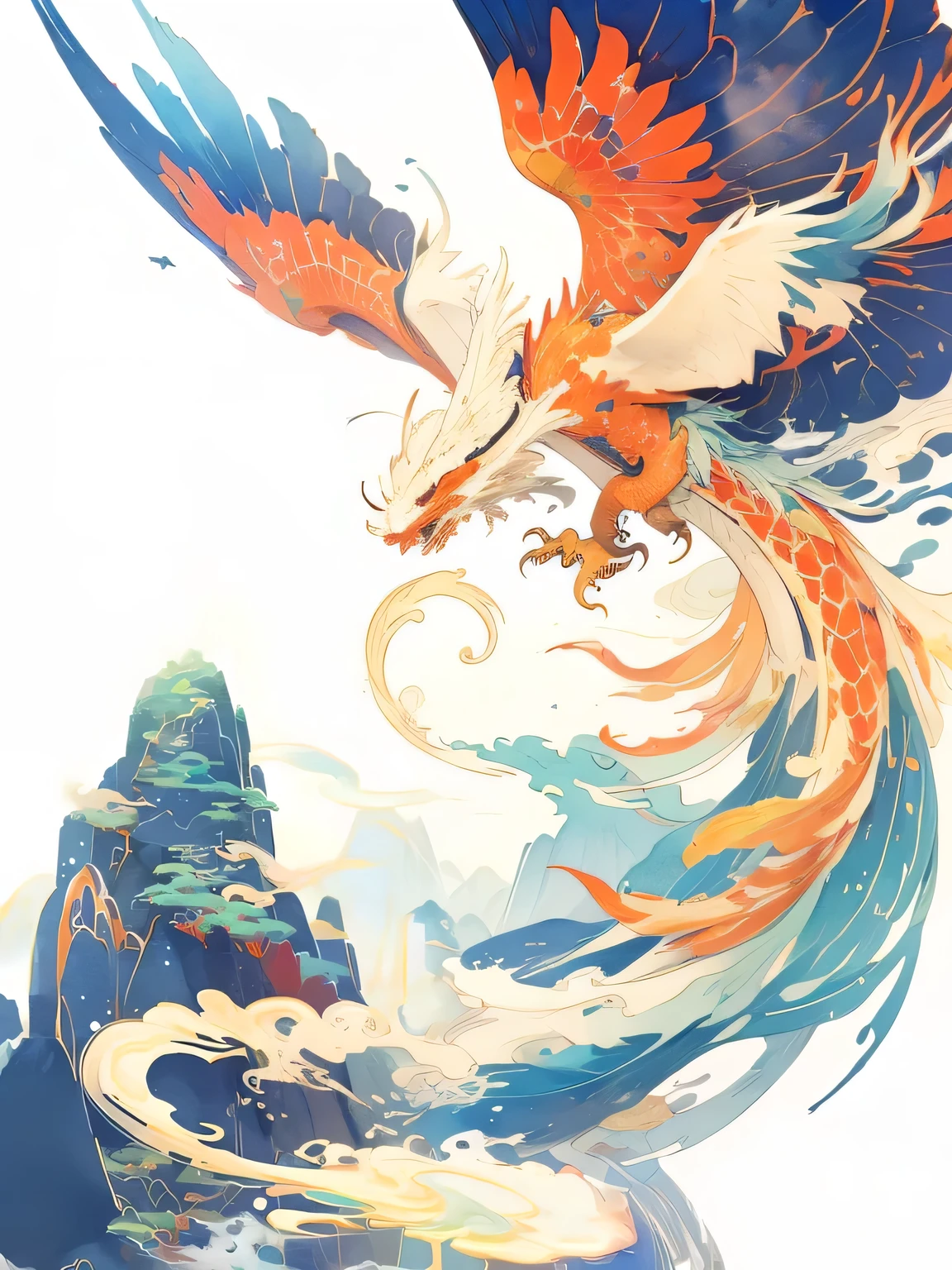 Brightly colored Chinese watercolor dragon flying over mountains with sky background, Dragon Art, 中国ink龙启发,Watercolor style,ink,Chinese Art Style,A beautiful artistic illustration