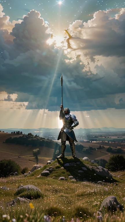 Illustration, low-angle shot of a man in medieval armor, standing on a hill, sword raised to the sky. The man has an imposing build, and the armor is detailed with engraved motifs. The sky is partly cloudy, with rays of sunlight peeking through the clouds, creating a dramatic effect of light and shadow. Backdrop of a green, rocky hill. (Ultra:1.3 quality), masterpiece, highly detailed, HDR, 8K, digital art, (Clair-obscur:1.5), bright light, (Bokeh:1.5), medieval theme, realistic colors.