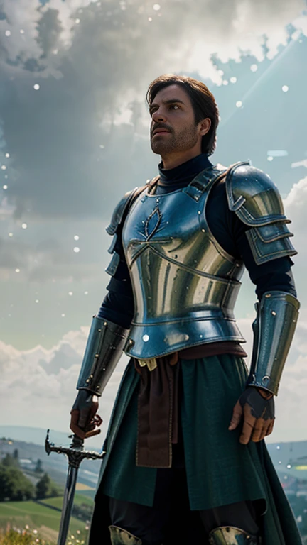 Illustration, low-angle shot of a man in medieval armor, standing on a hill, sword raised to the sky. The man has an imposing build, and the armor is detailed with engraved motifs. The sky is partly cloudy, with rays of sunlight peeking through the clouds, creating a dramatic effect of light and shadow. Backdrop of a green, rocky hill. (Ultra:1.3 quality), masterpiece, highly detailed, HDR, 8K, digital art, (Clair-obscur:1.5), bright light, (Bokeh:1.5), medieval theme, realistic colors.