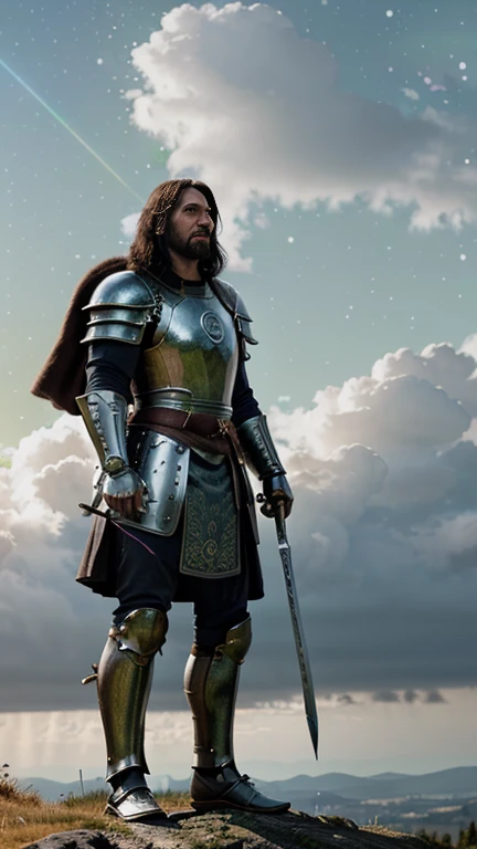Illustration, low-angle shot of a man in medieval armor, standing on a hill, sword raised to the sky. The man has an imposing build, and the armor is detailed with engraved motifs. The sky is partly cloudy, with rays of sunlight peeking through the clouds, creating a dramatic effect of light and shadow. Backdrop of a green, rocky hill. (Ultra:1.3 quality), masterpiece, highly detailed, HDR, 8K, digital art, (Clair-obscur:1.5), bright light, (Bokeh:1.5), medieval theme, realistic colors.